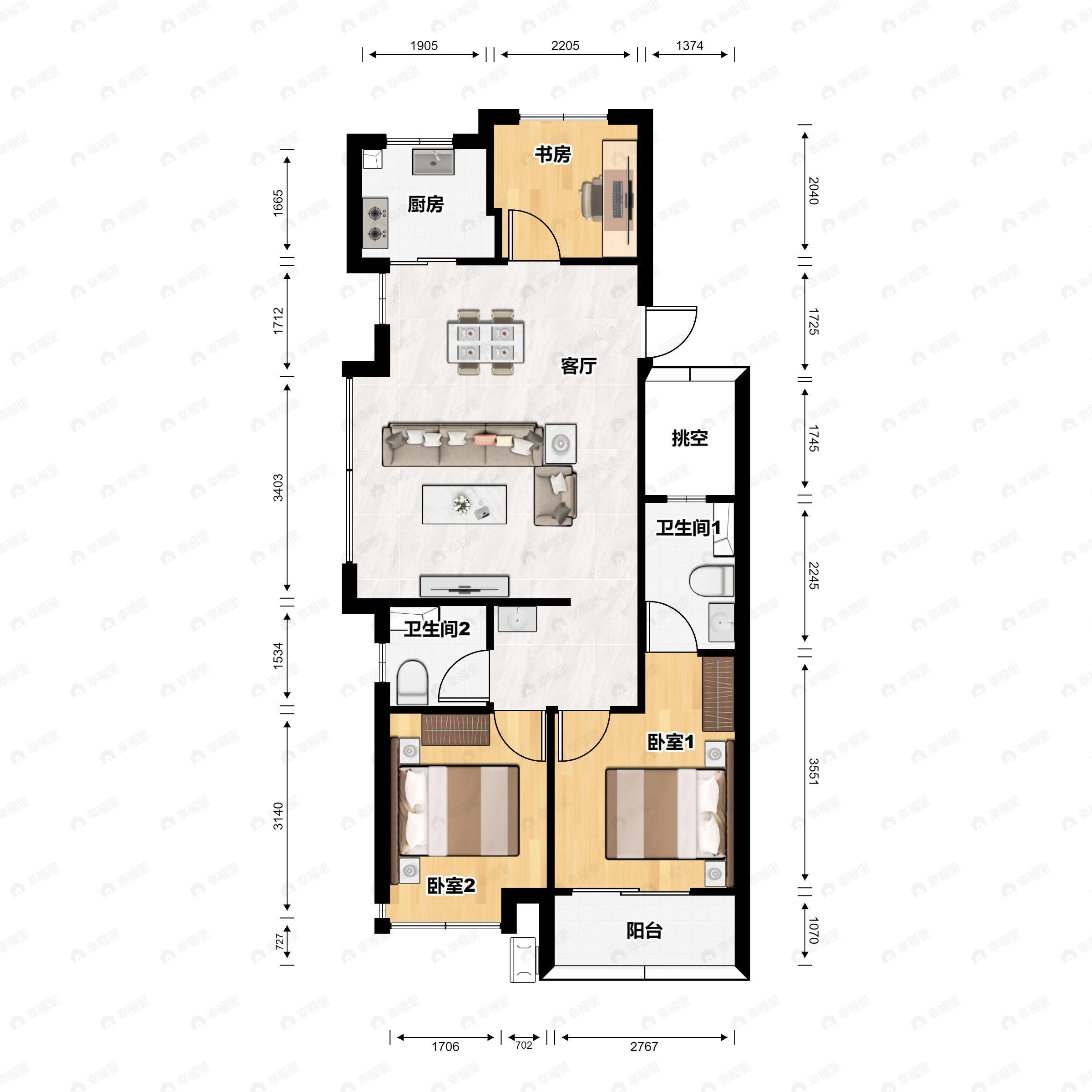 3室2厅2卫建面89平户型图