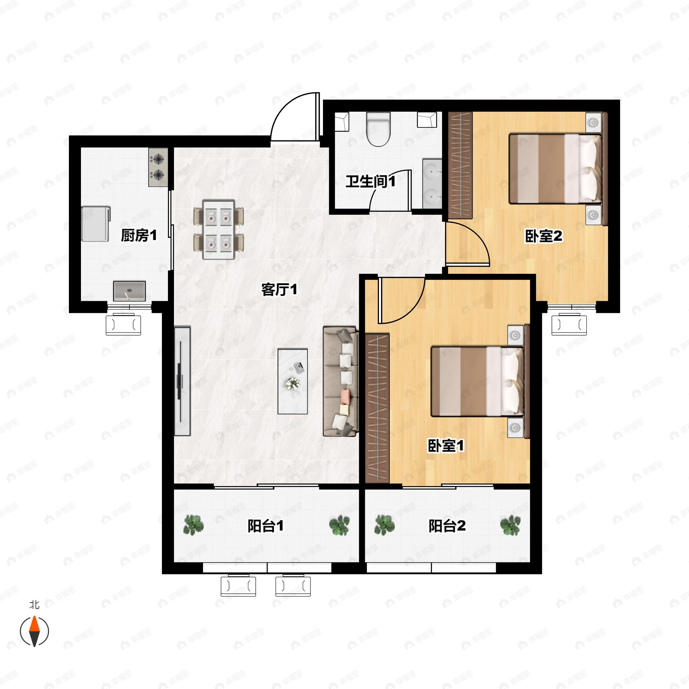 2室1厅1卫建面78m²南户型图