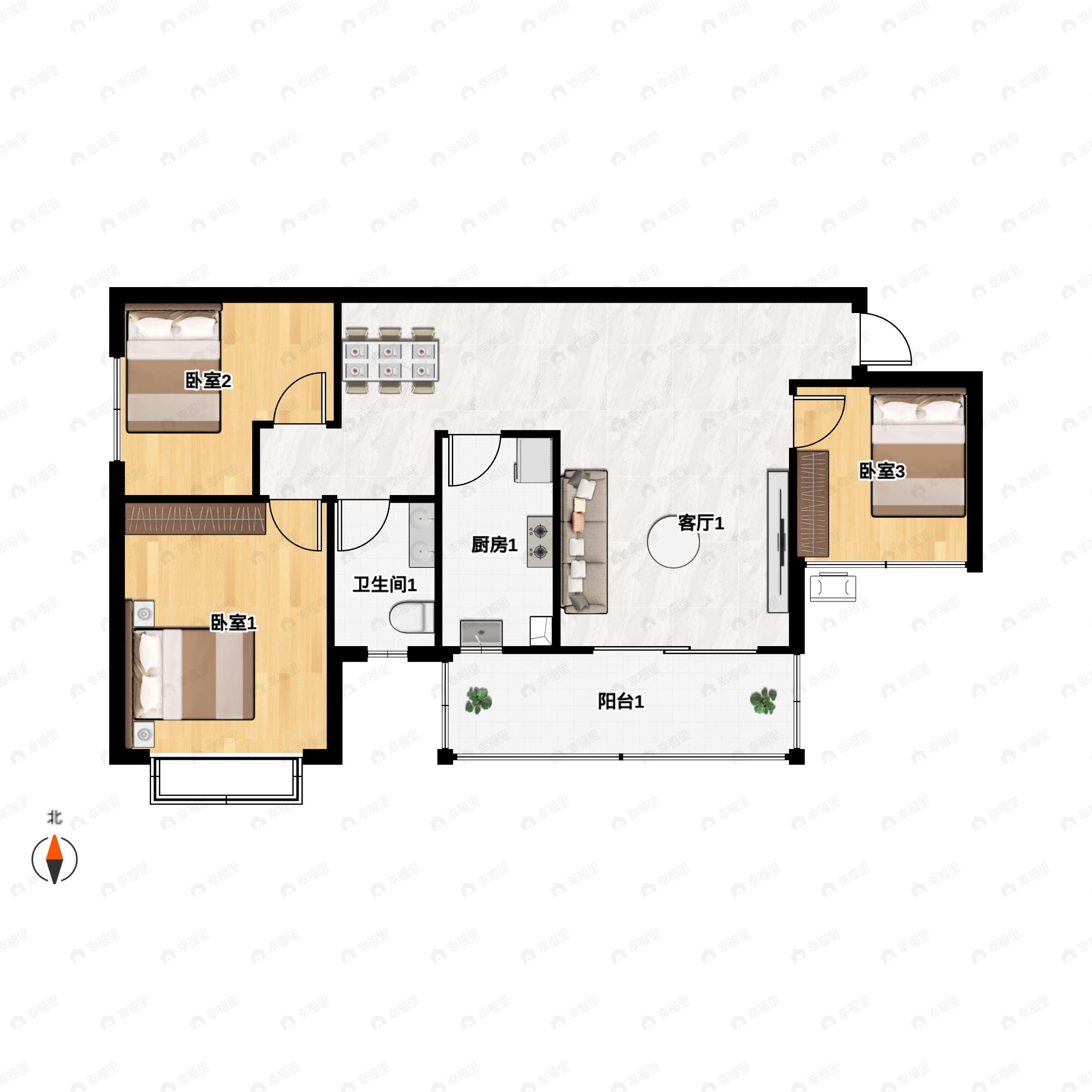 2室2厅2卫建面90平南户型图