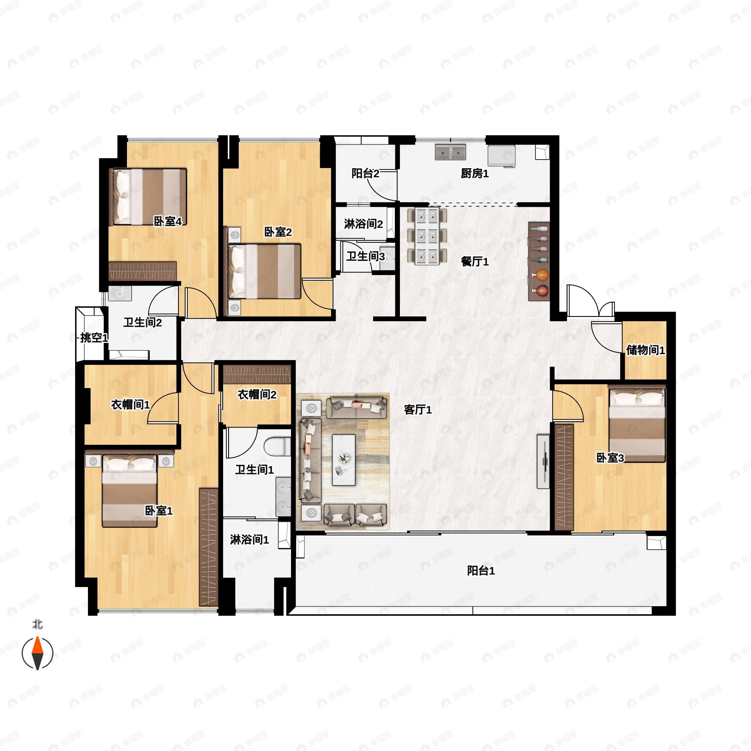 4室2厅3卫建面222m²西|西南户型图