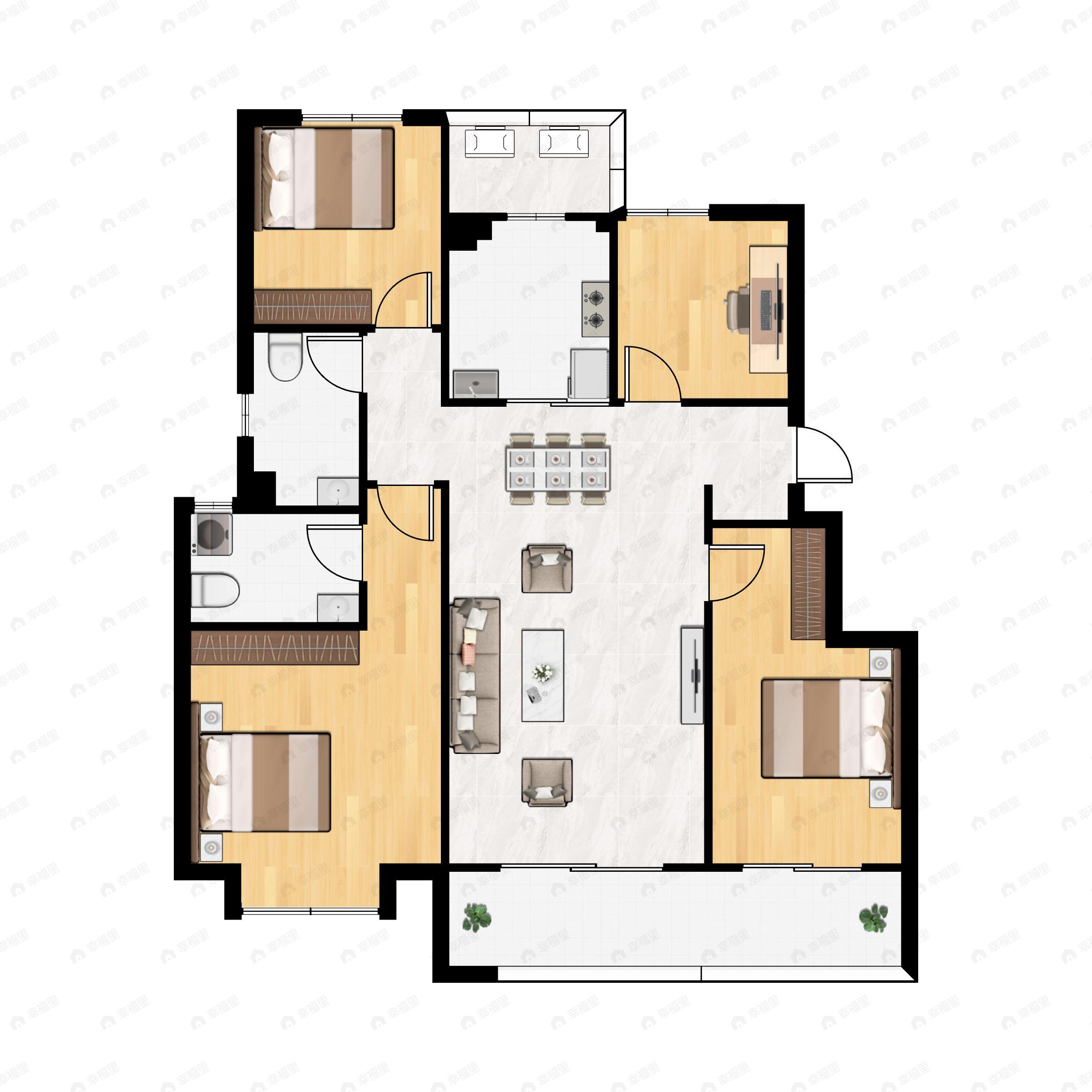 2室1厅2卫建面48m²西户型图