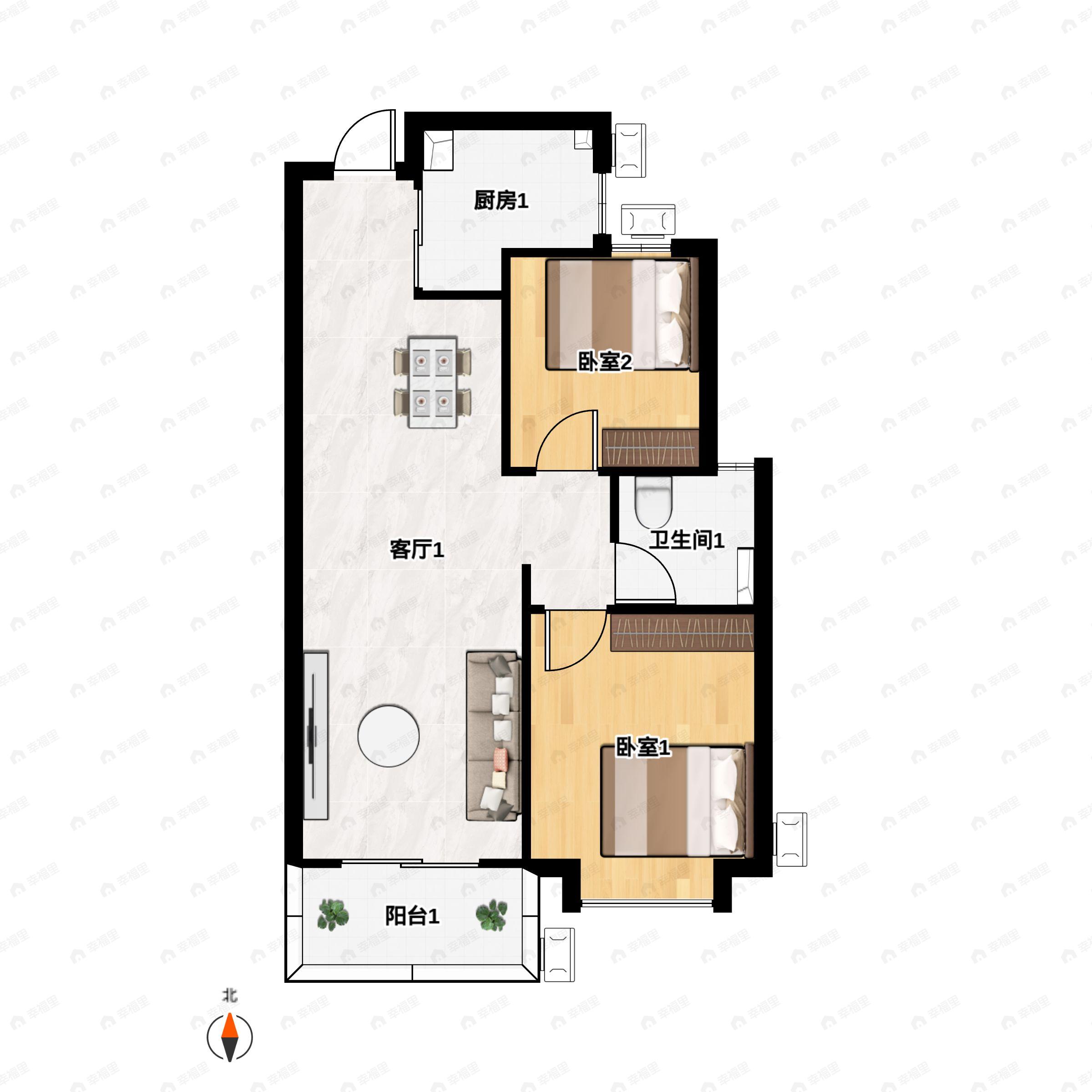 2室1厅1卫建面83平南户型图