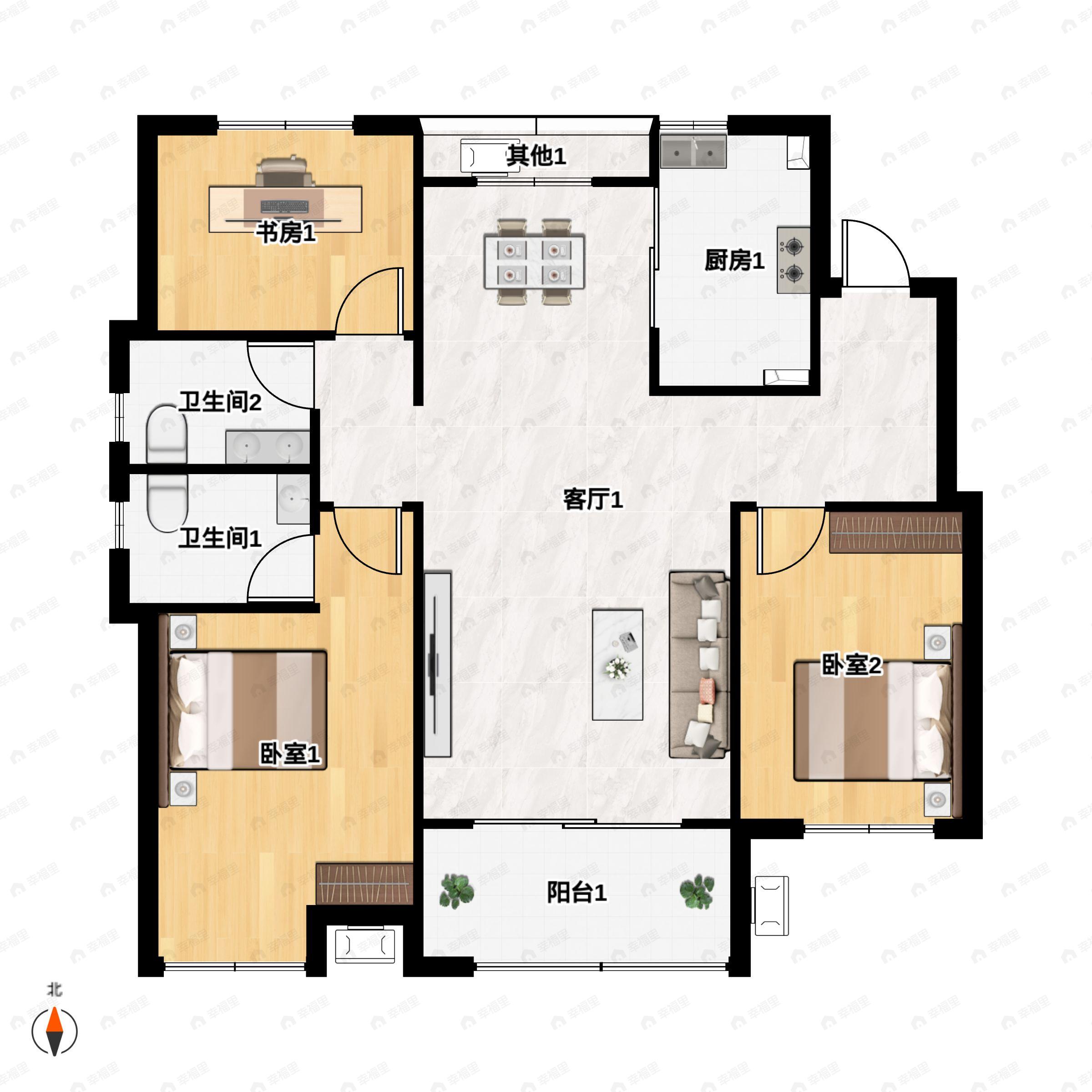 3室2厅2卫建面139m²北|南户型图
