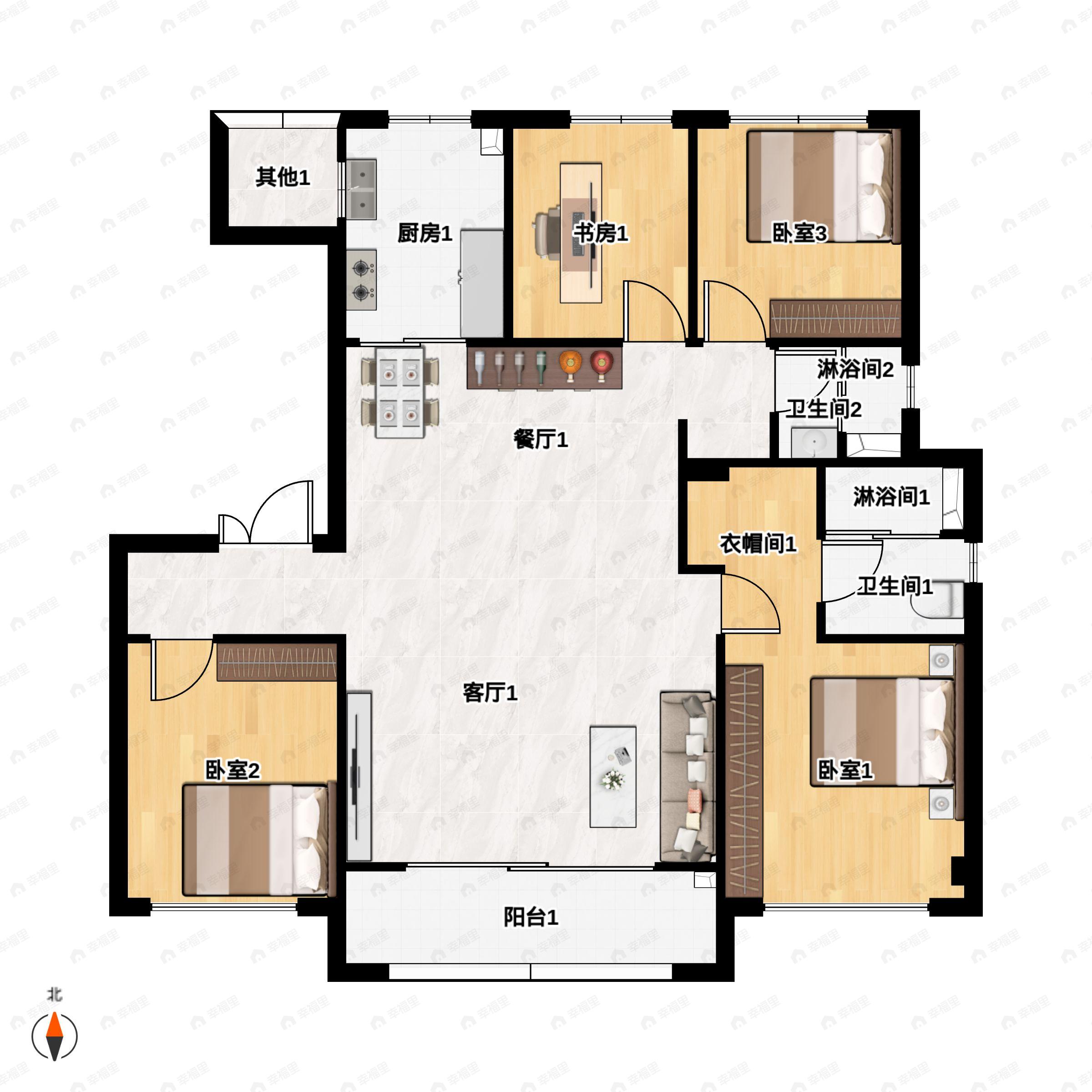 4室2厅2卫建面138平南户型图
