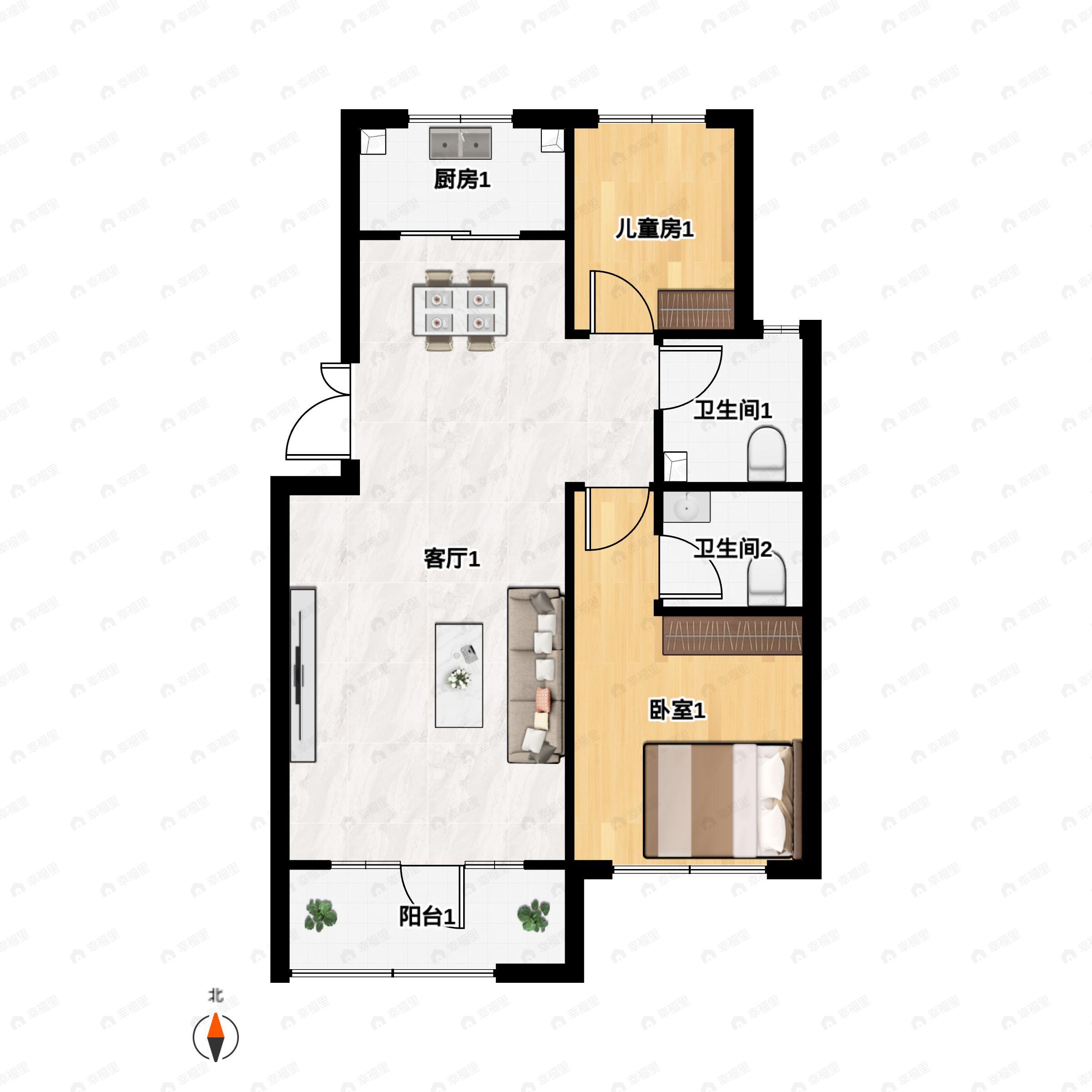3室2厅1卫建面105平南户型图