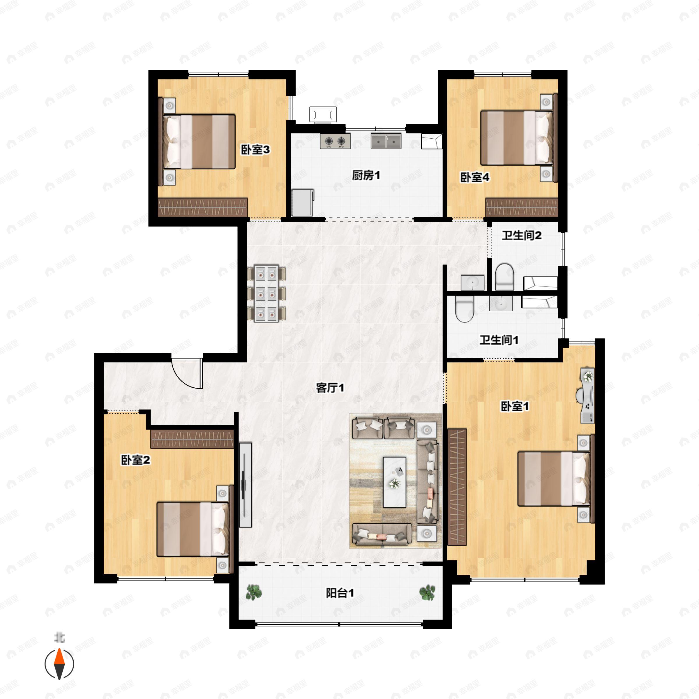 4室2厅2卫建面156平南户型图
