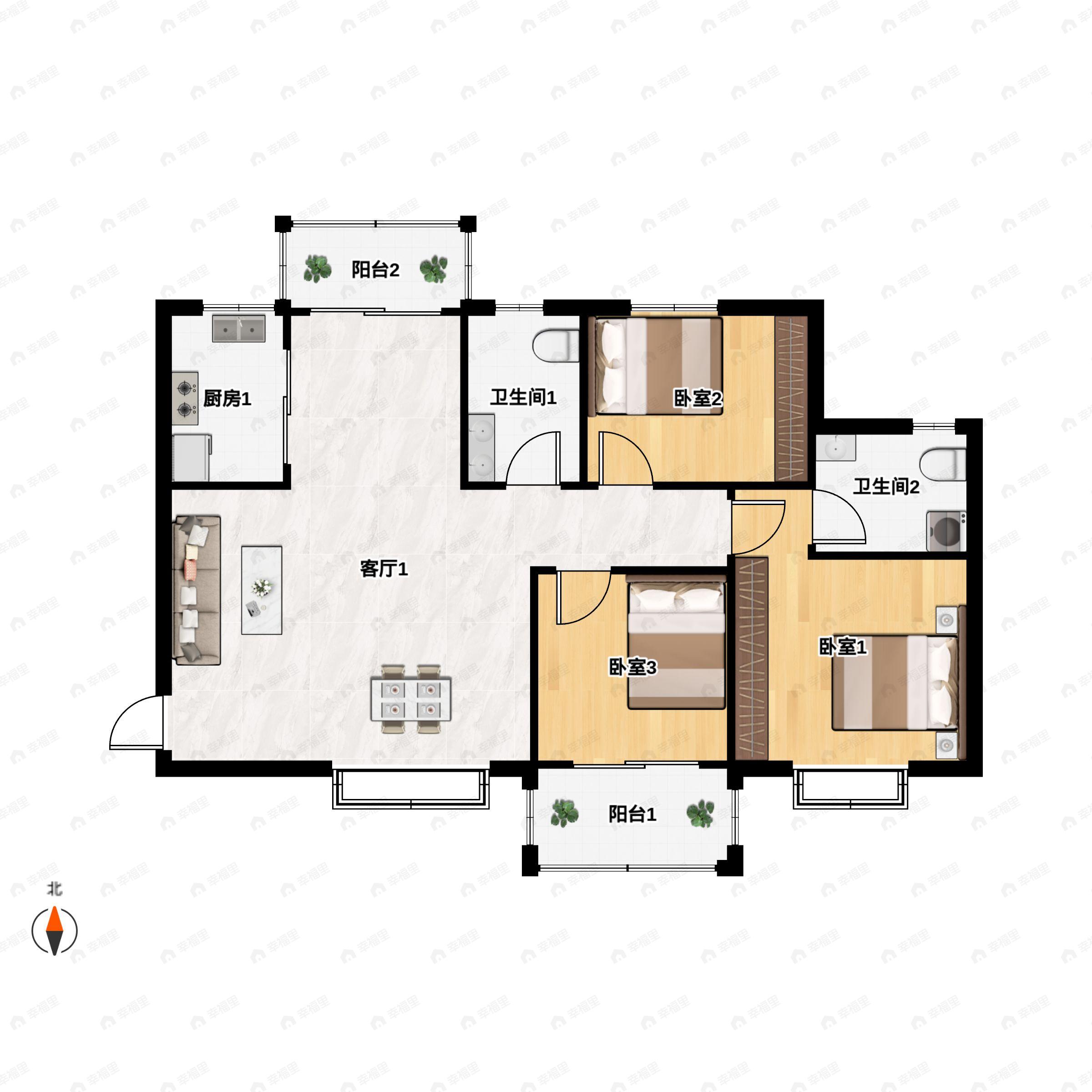 3室2厅2卫建面111平南户型图