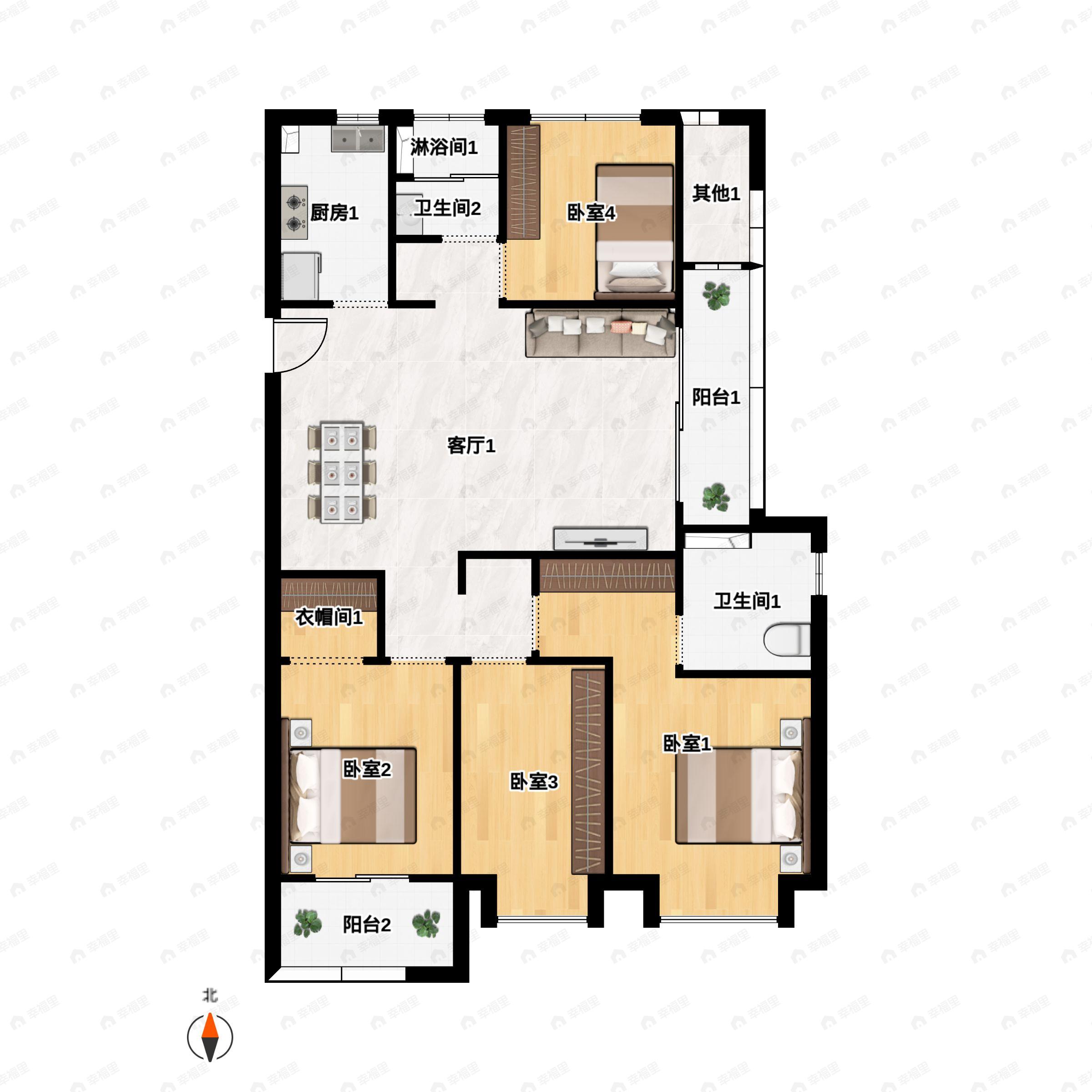 4室2厅2卫建面118平户型图
