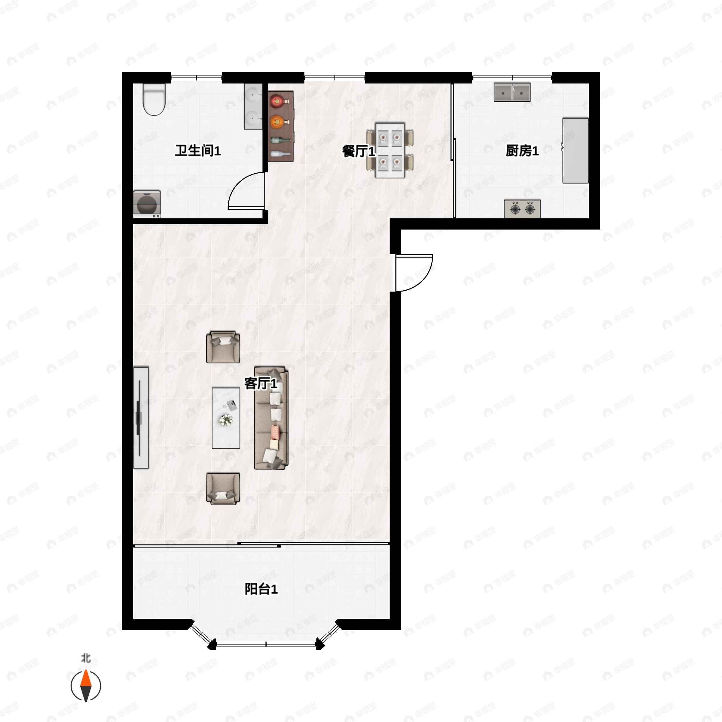 1室2厅1卫建面78m²北|南户型图
