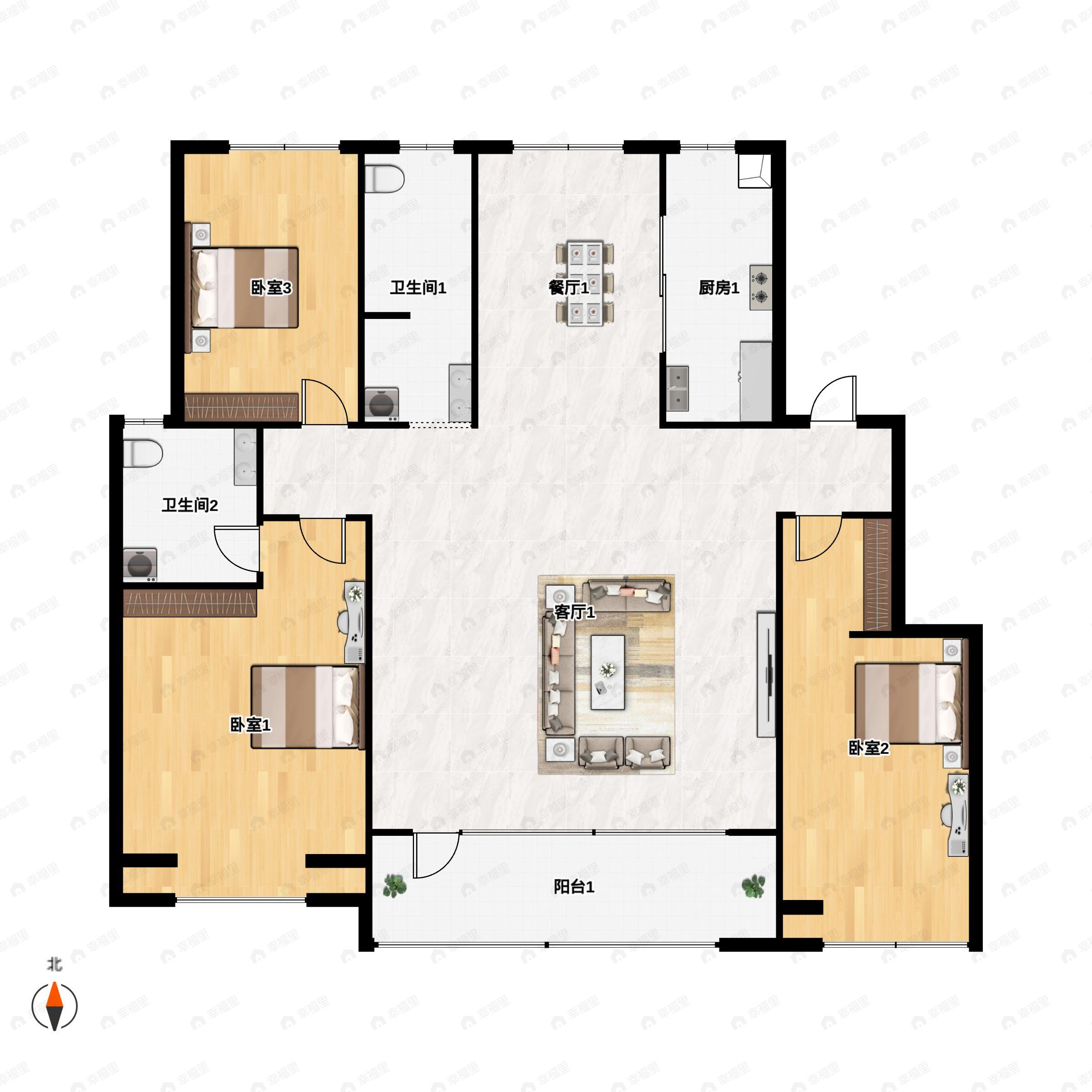 3室2厅2卫建面169m²南户型图
