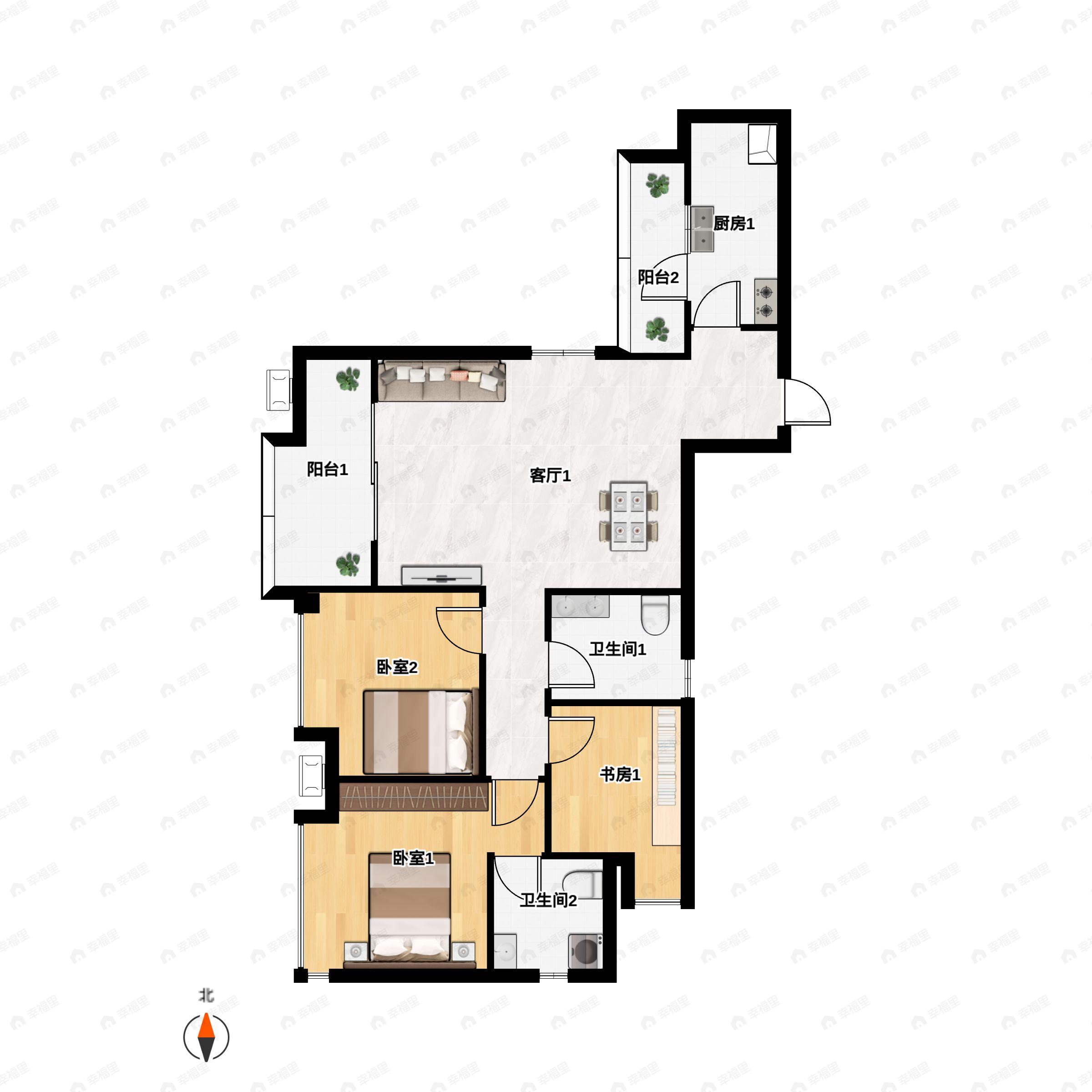 3室2厅2卫建面88平西南户型图