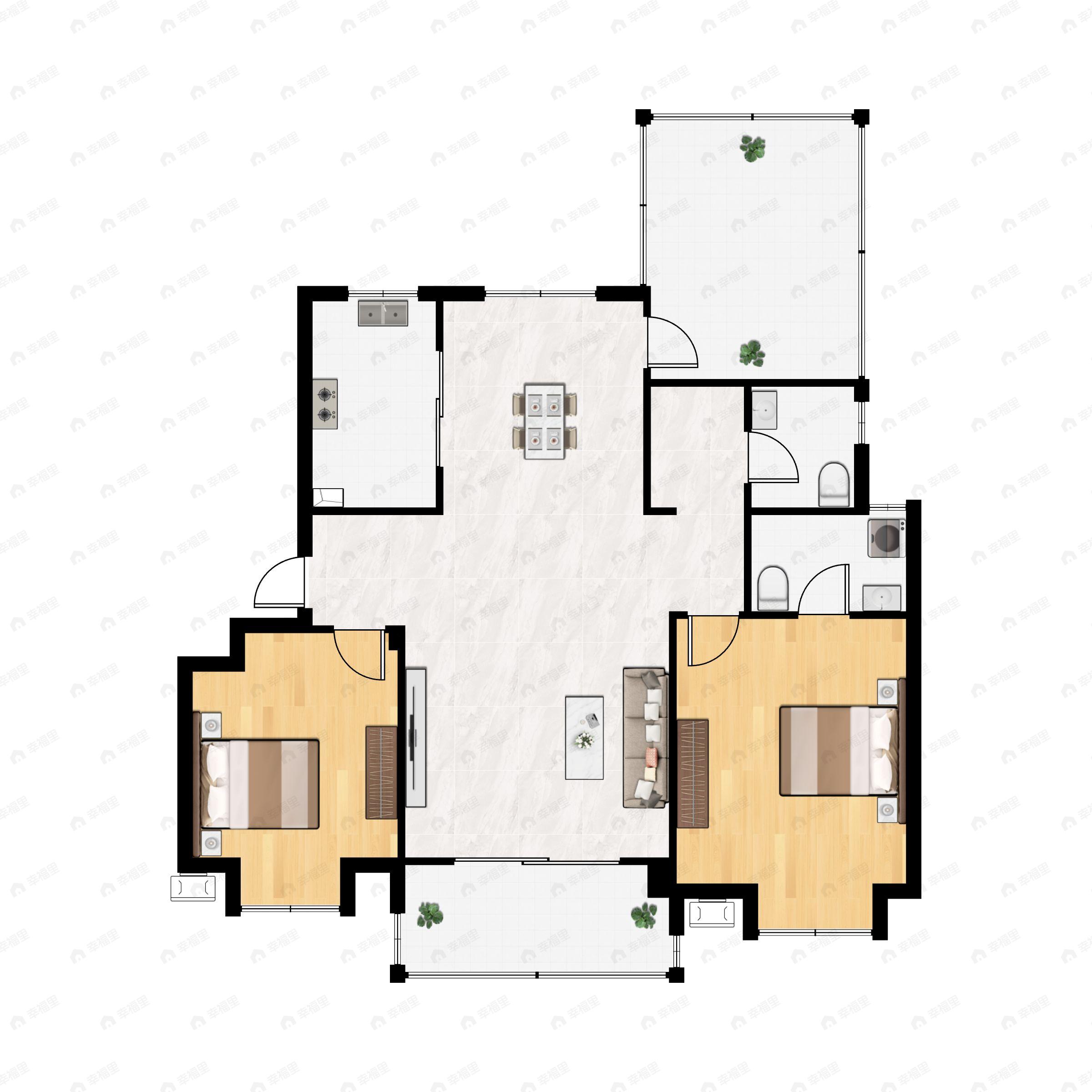 2室2厅2卫建面100m²南户型图