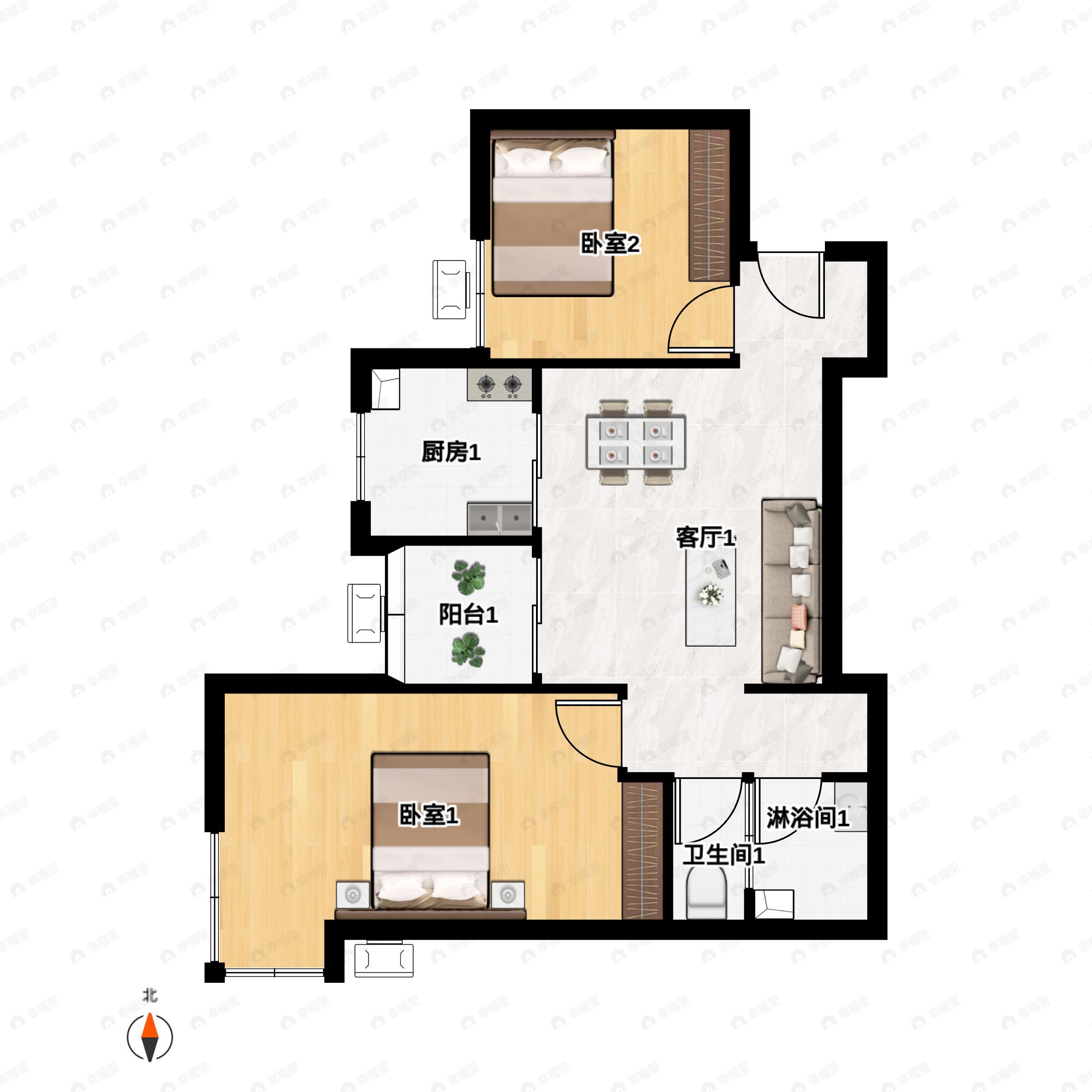 2室2厅1卫建面87m²户型图