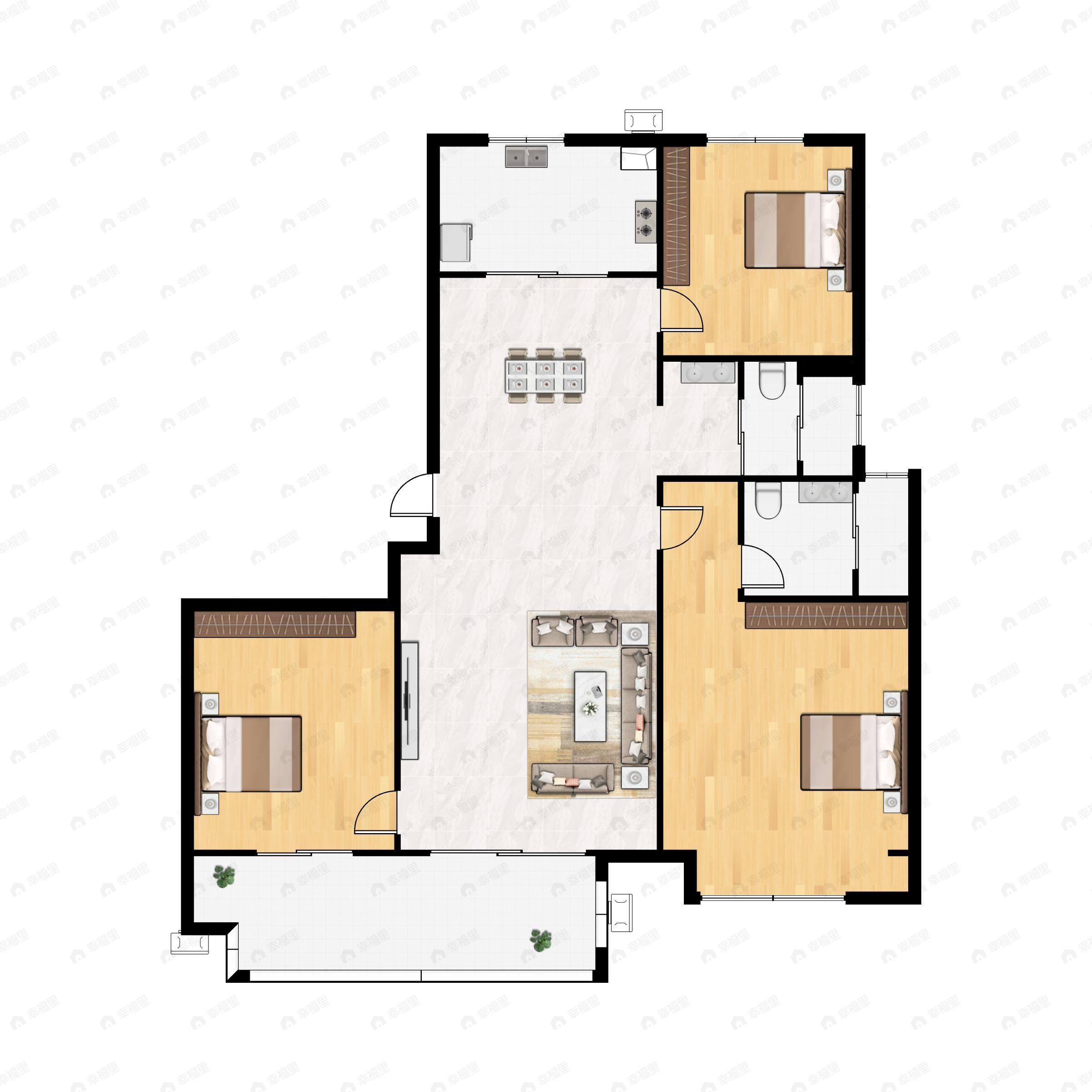 3室2厅2卫建面121m²南户型图