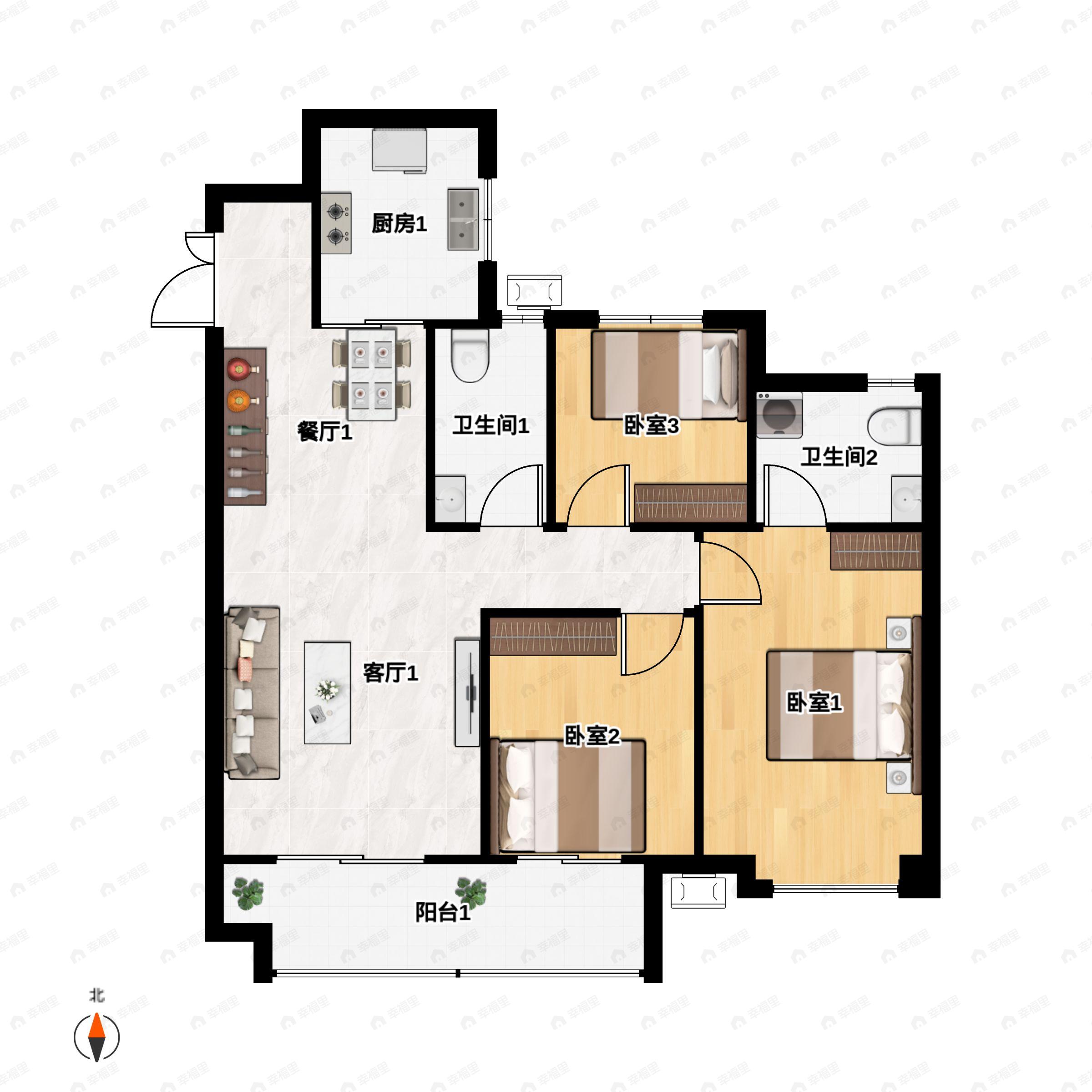 3室2厅2卫建面119m²北|南户型图