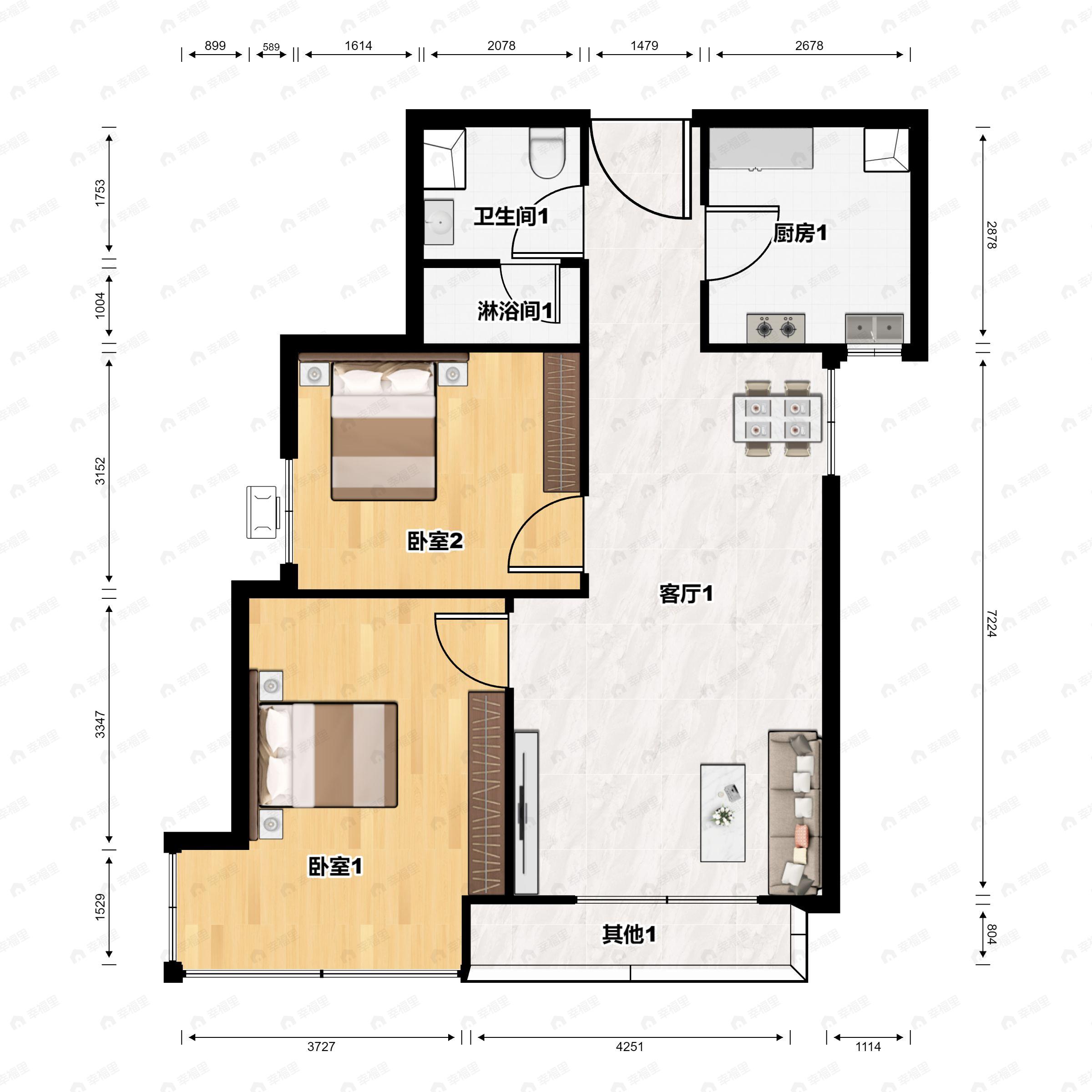 2室2厅1卫建面69平户型图