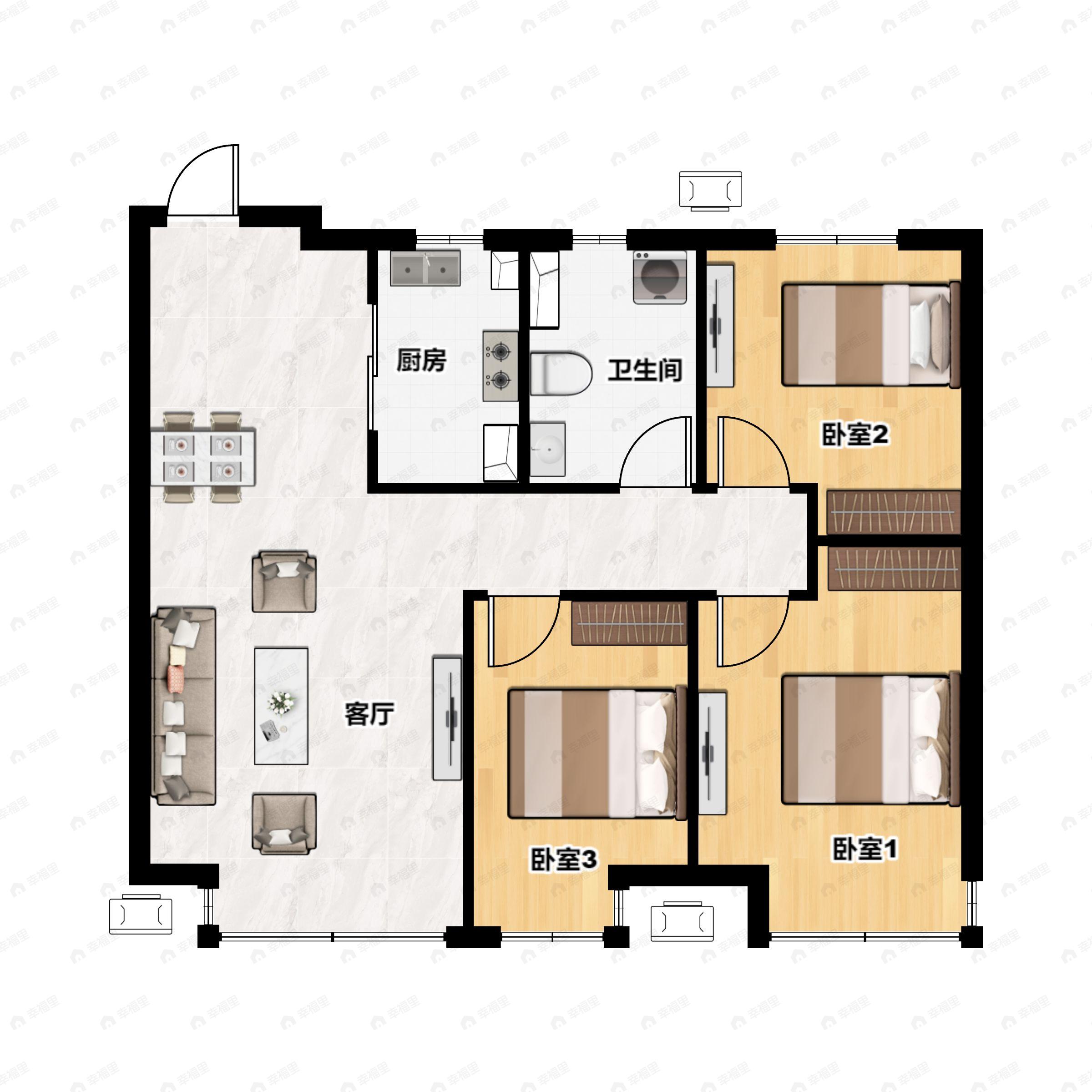 3室2厅1卫建面97平北|南户型图