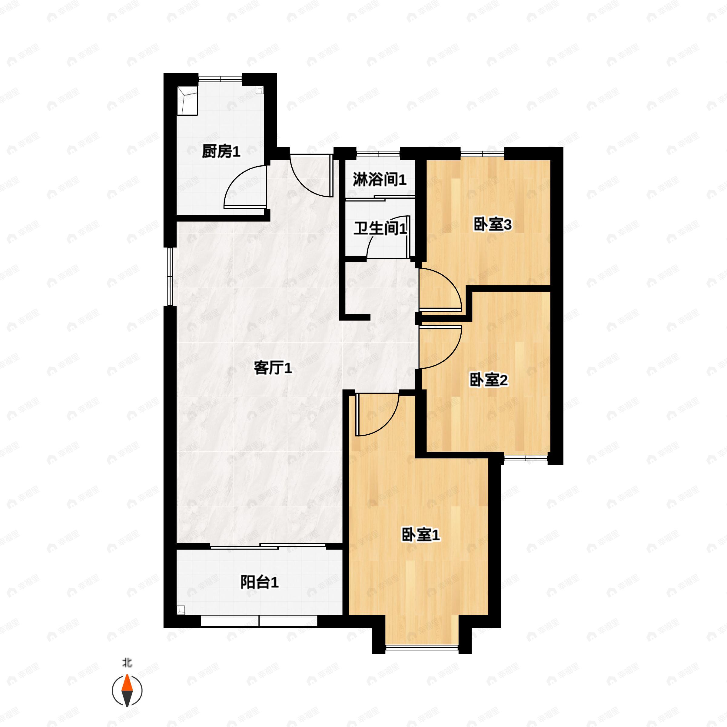 2室2厅1卫建面85m²南|北户型图