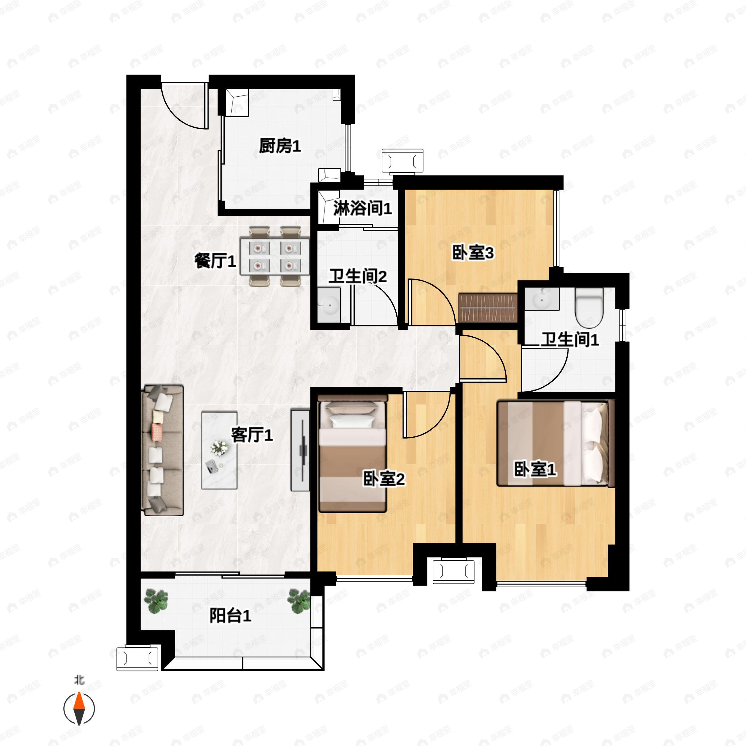 3室2厅2卫建面89平户型图