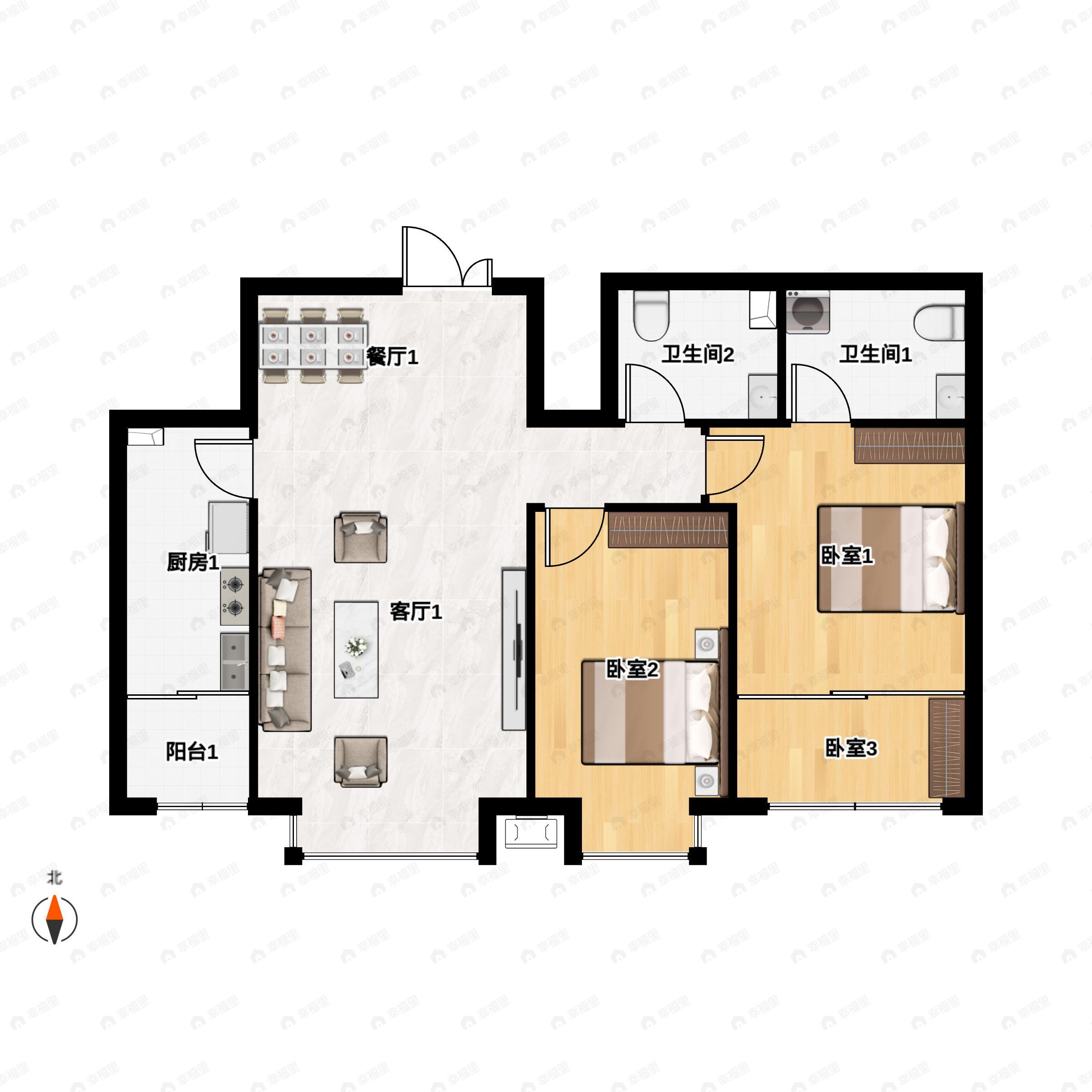 2室2厅2卫建面99平南户型图