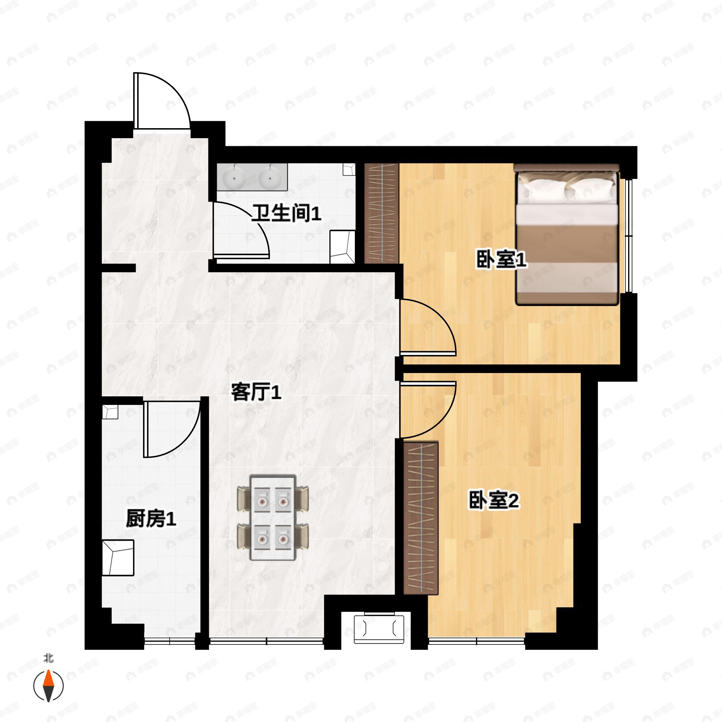 2室2厅1卫建面76平南|东户型图
