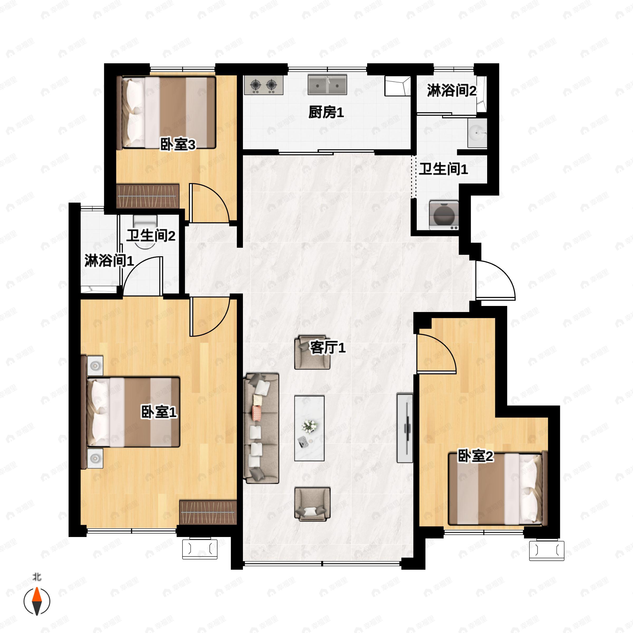 3室2厅2卫建面105平户型图