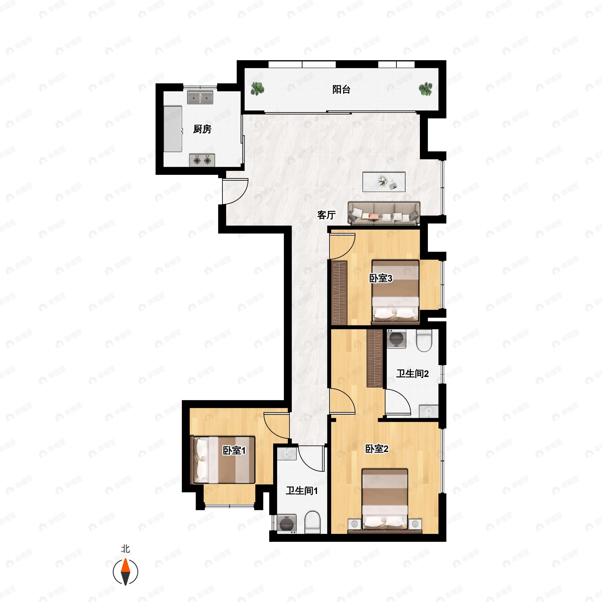 3室2厅2卫建面114m²东户型图