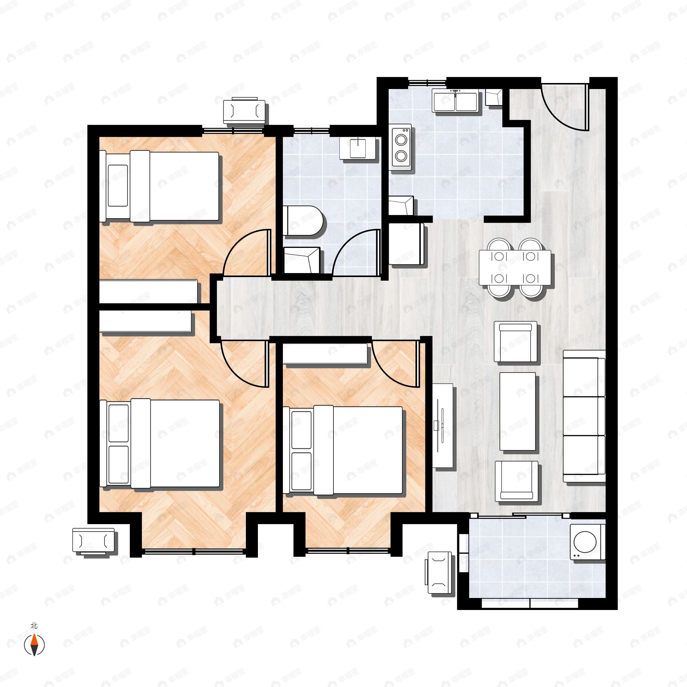 3室2厅1卫建面89平南|北户型图
