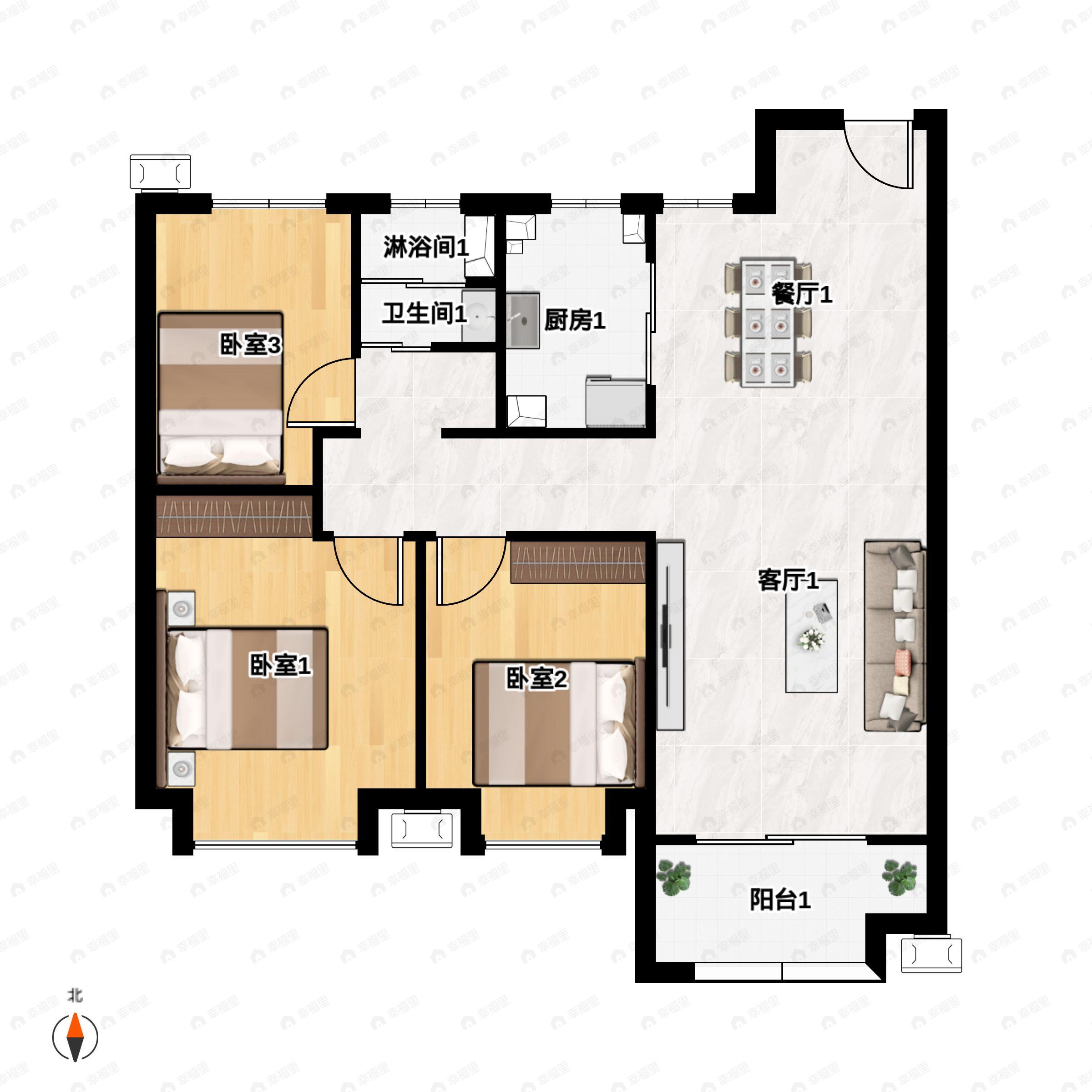 3室2厅2卫建面115平南户型图