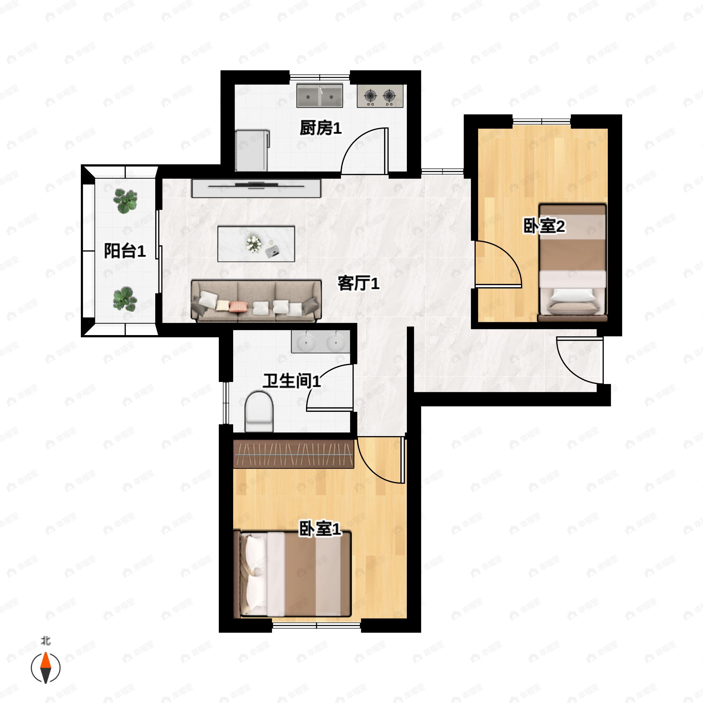2室2厅1卫建面100平南户型图