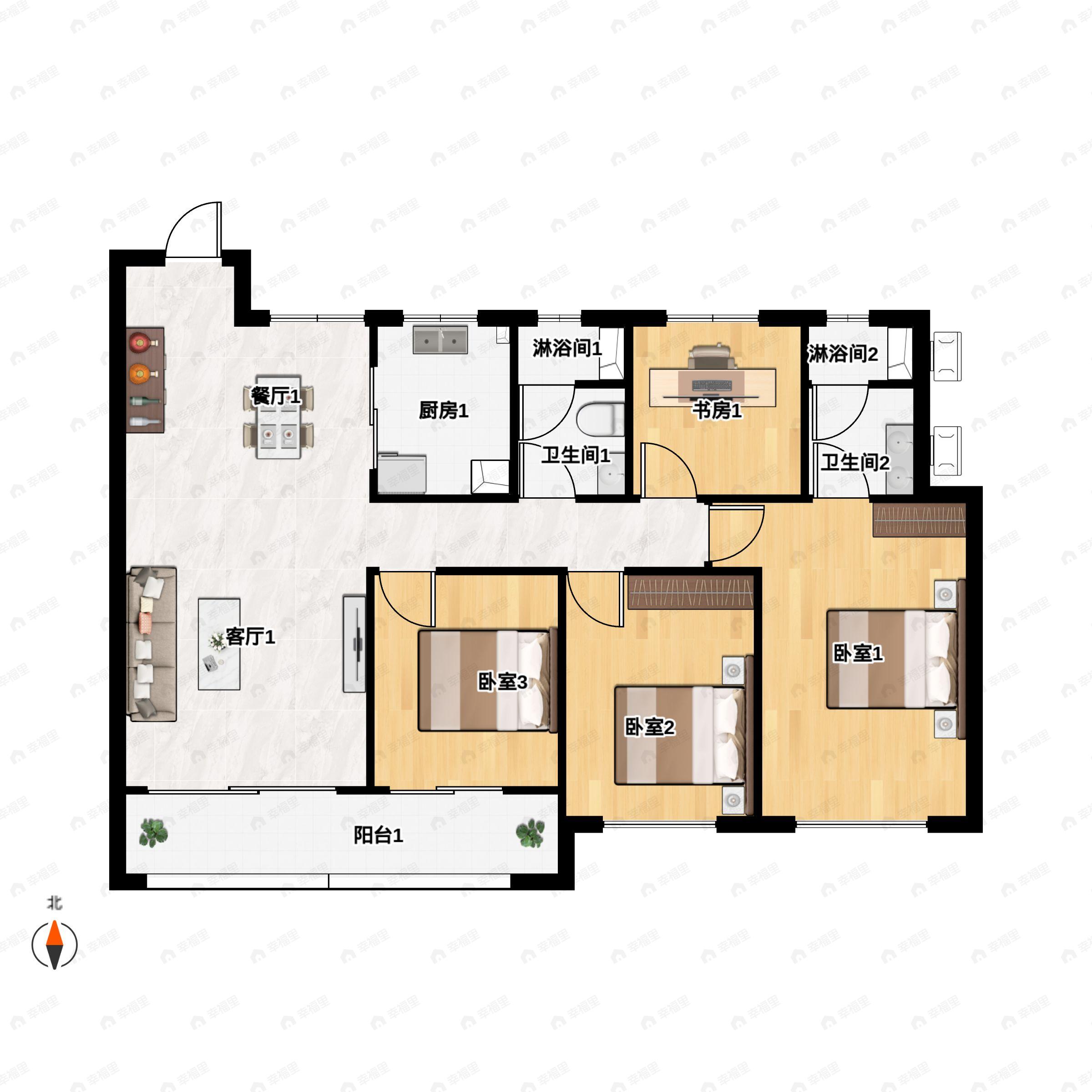 4室2厅2卫建面127平南户型图