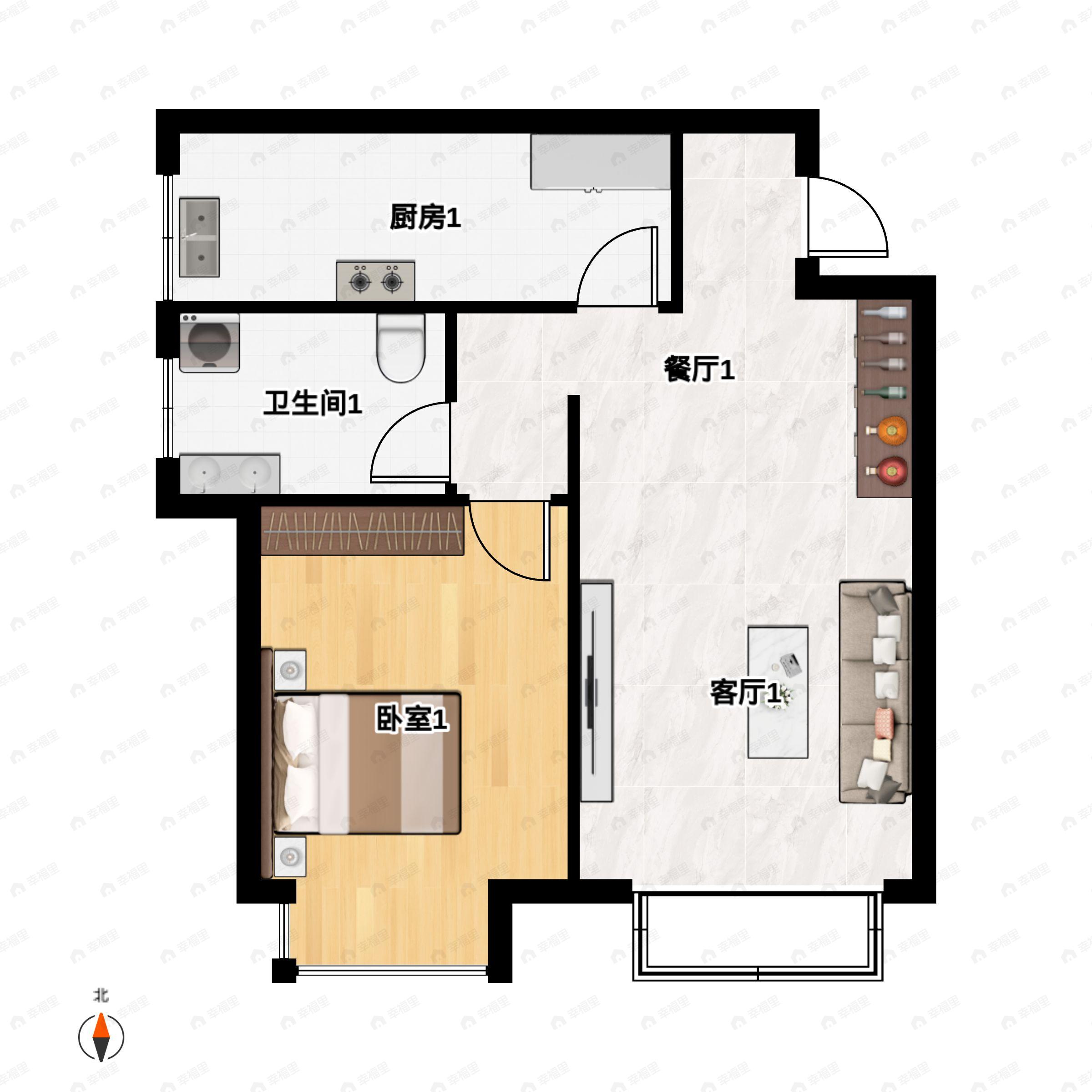 1室2厅1卫建面65平户型图