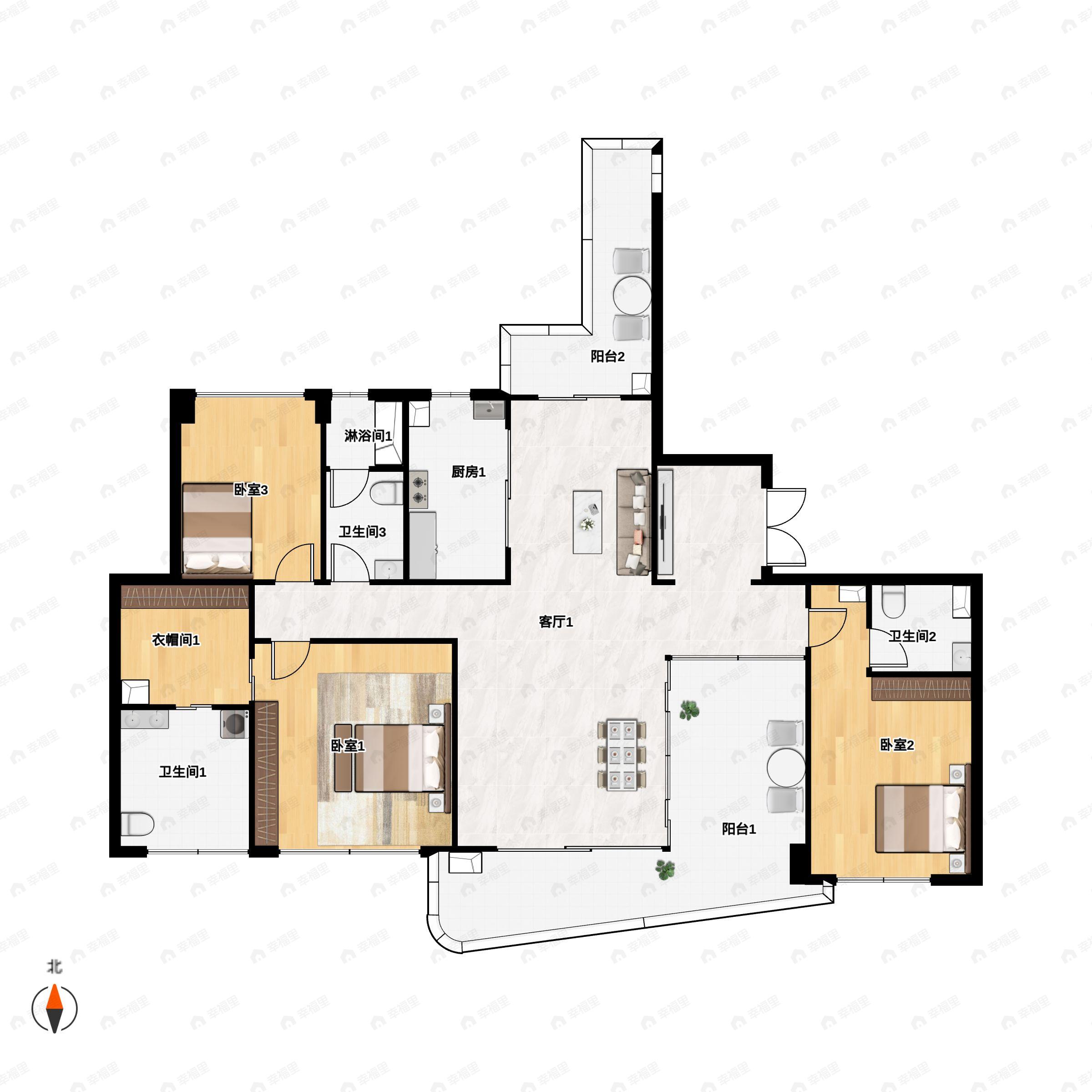 3室2厅3卫建面189平南户型图