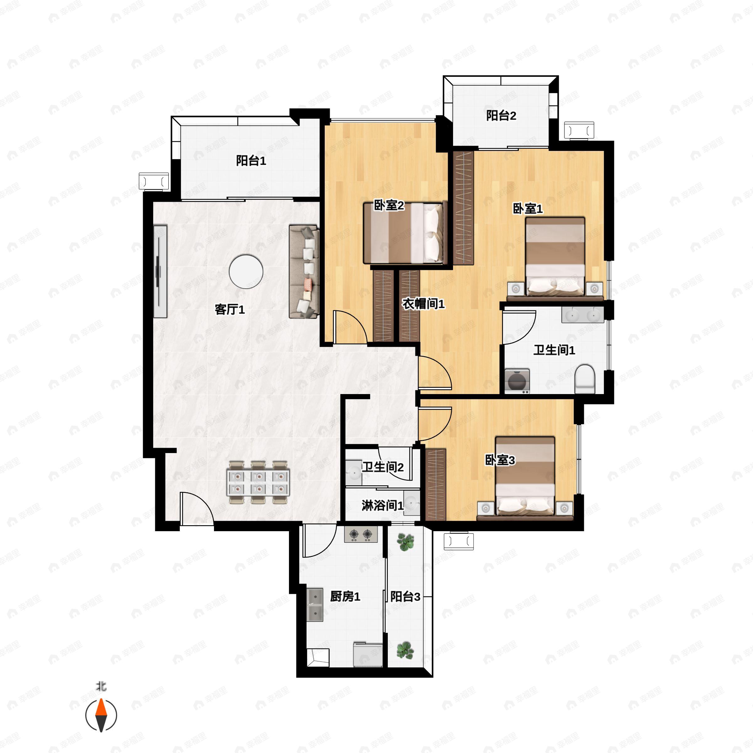 3室2厅2卫建面127m²南|北户型图