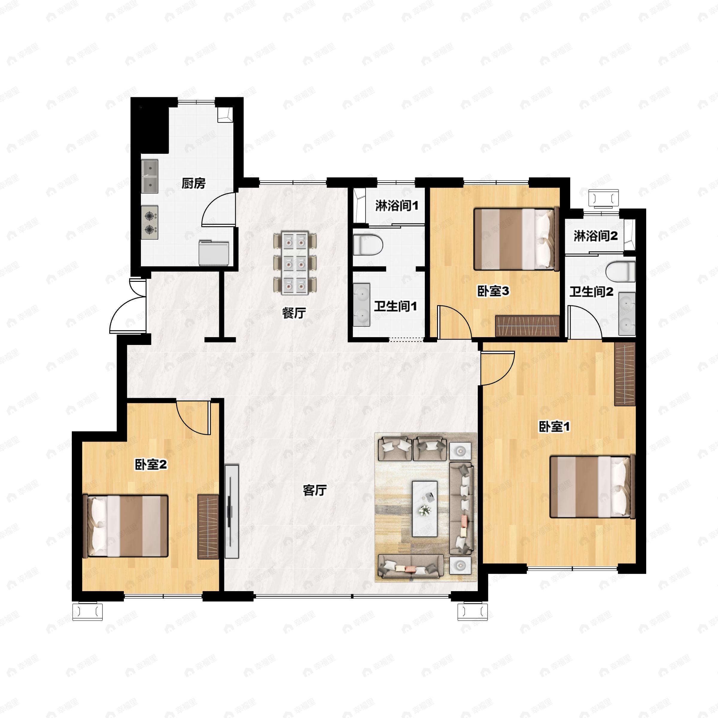 3室2厅2卫建面127平户型图