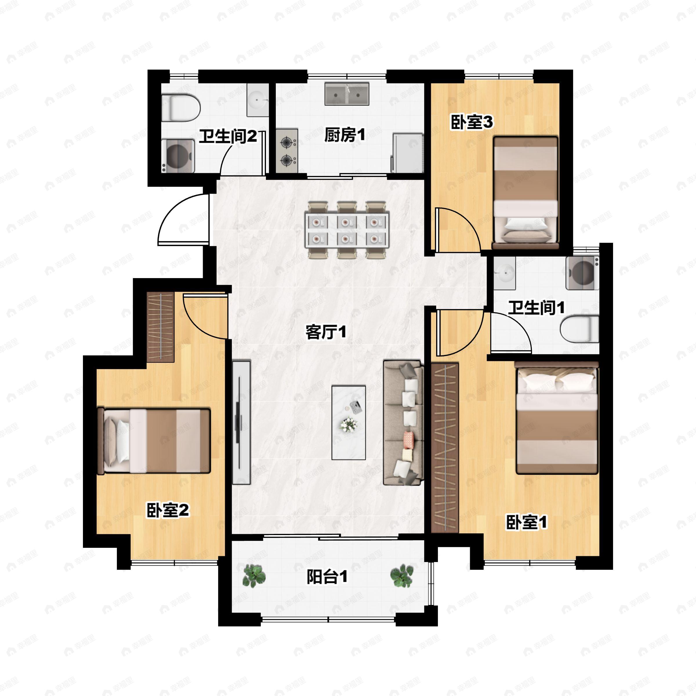 3室2厅2卫建面106平南户型图