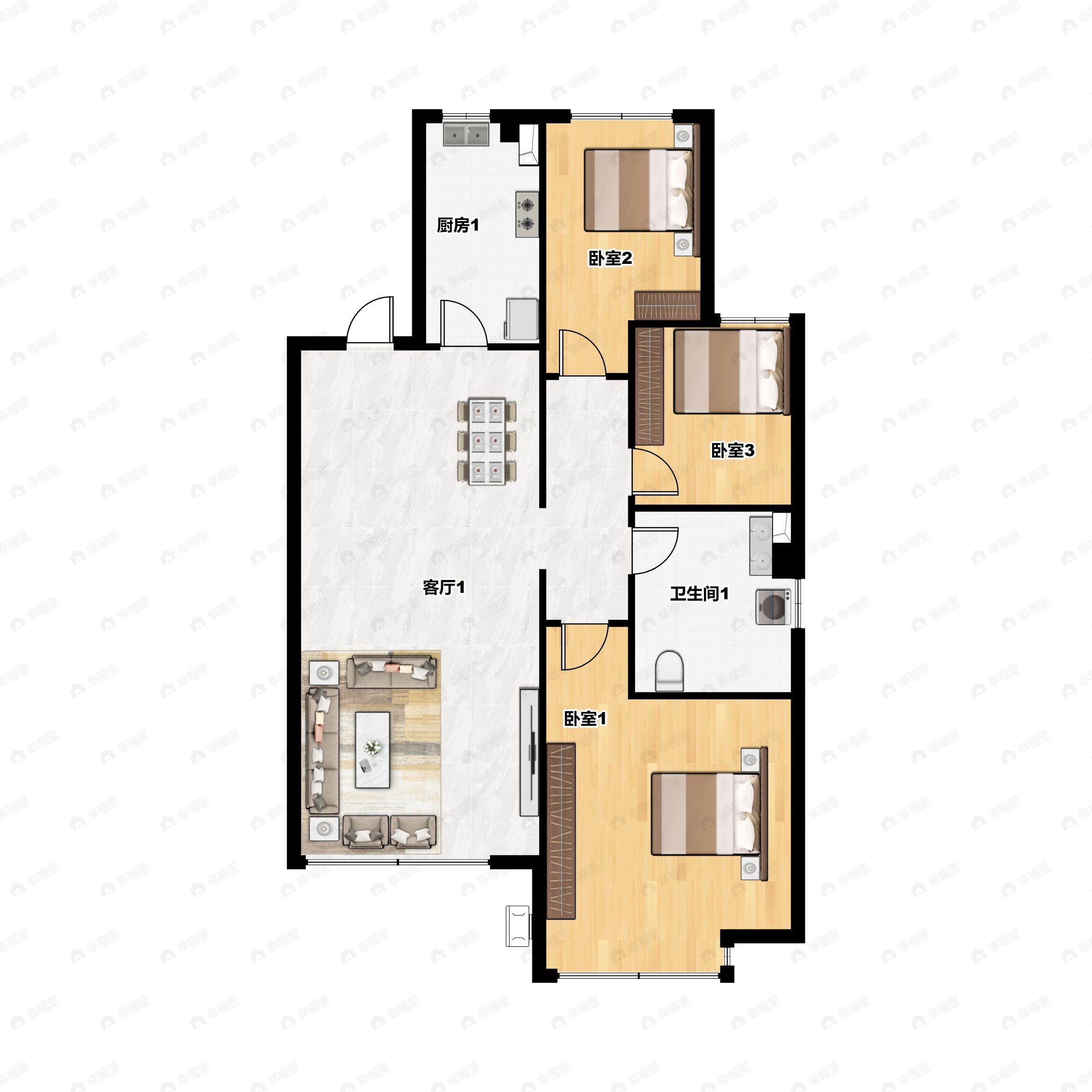 3室2厅1卫建面98平北|南户型图
