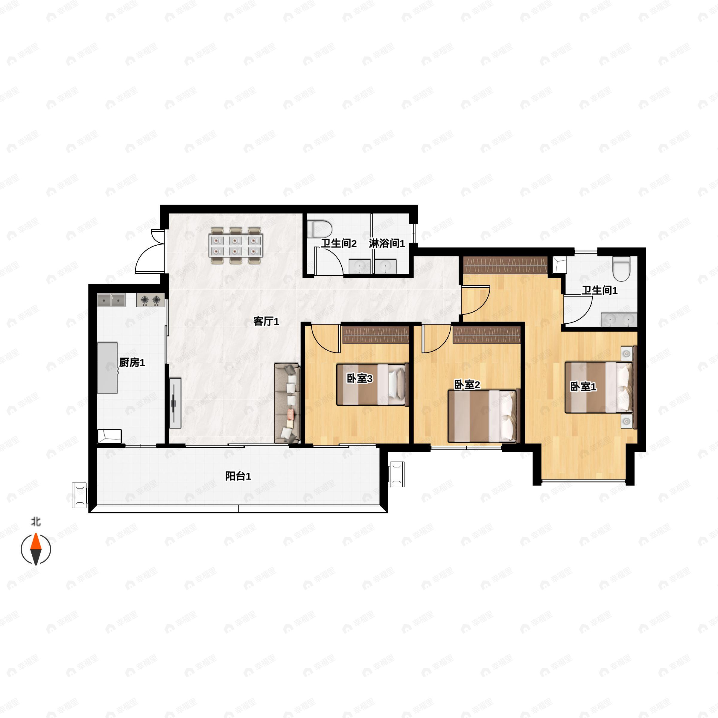 3室2厅2卫建面88平南|北户型图
