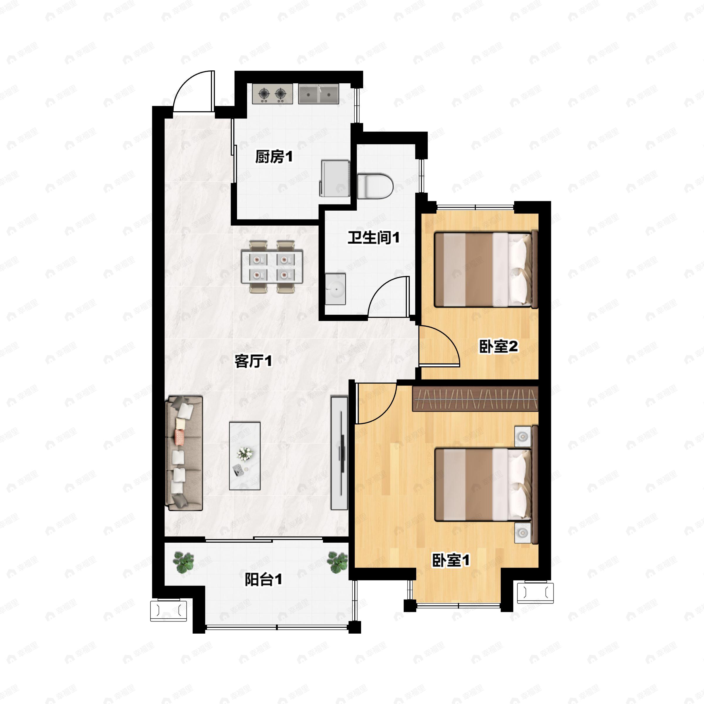 2室2厅1卫建面86m²户型图