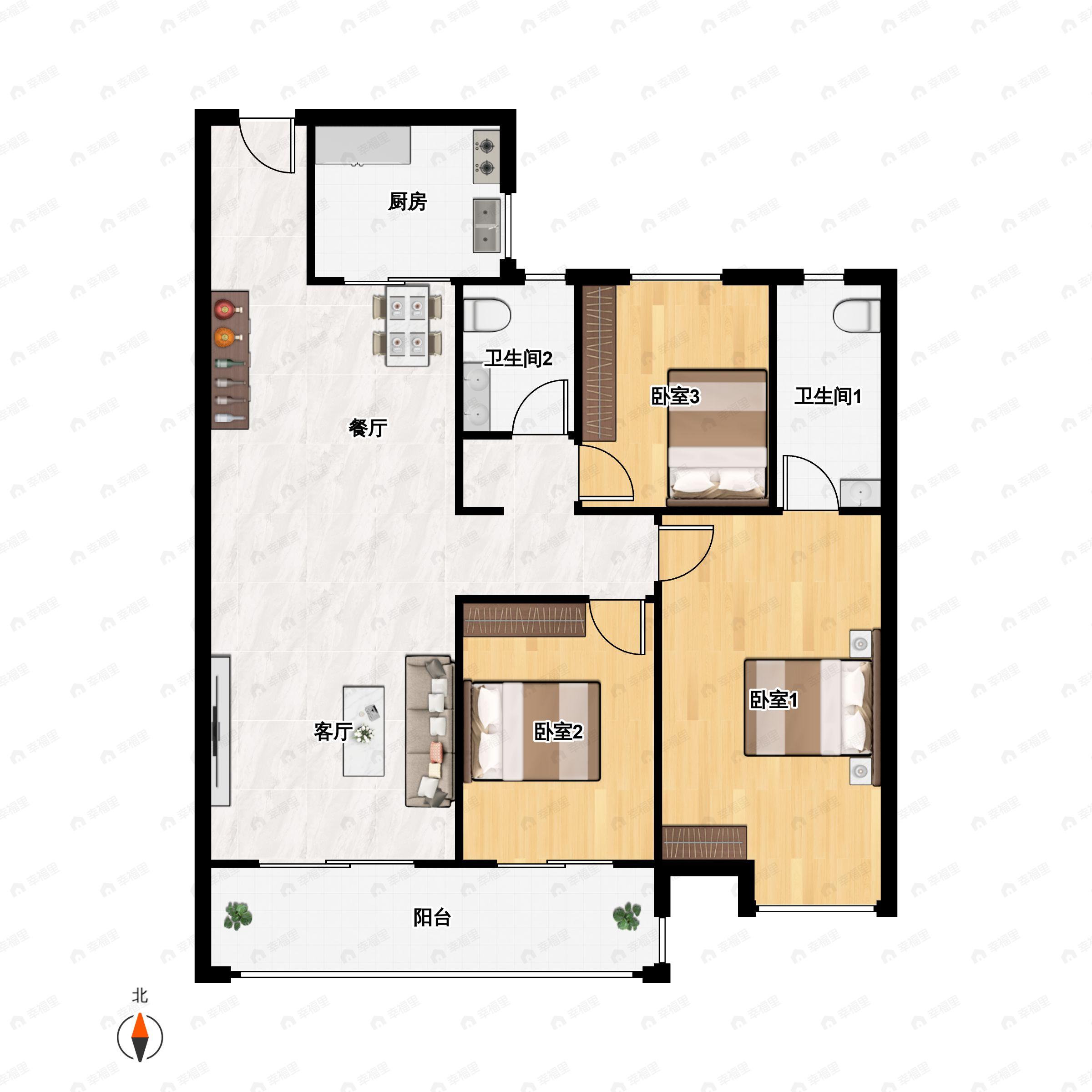 3室2厅2卫建面118平南|北户型图
