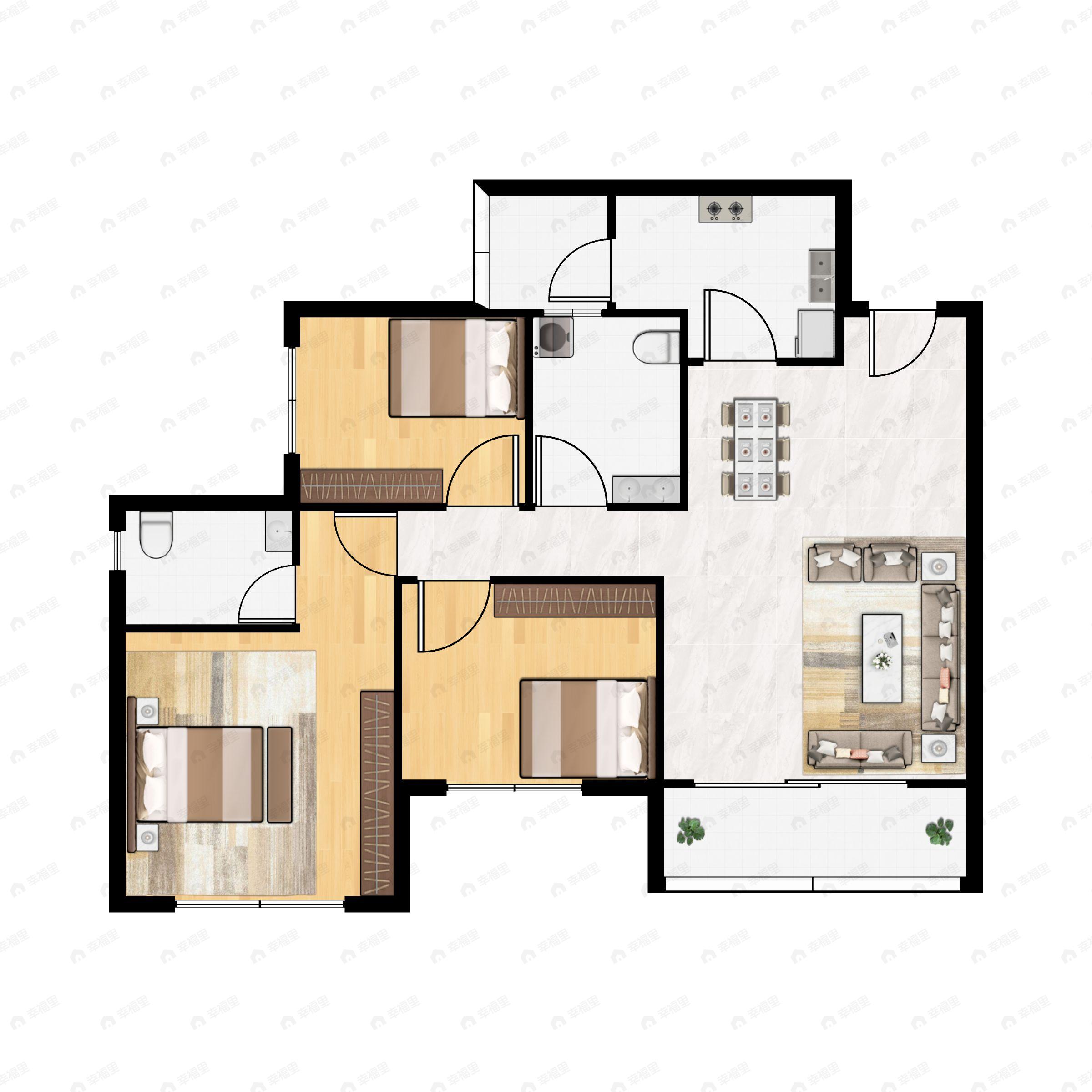 3室2厅2卫建面97平北|南户型图