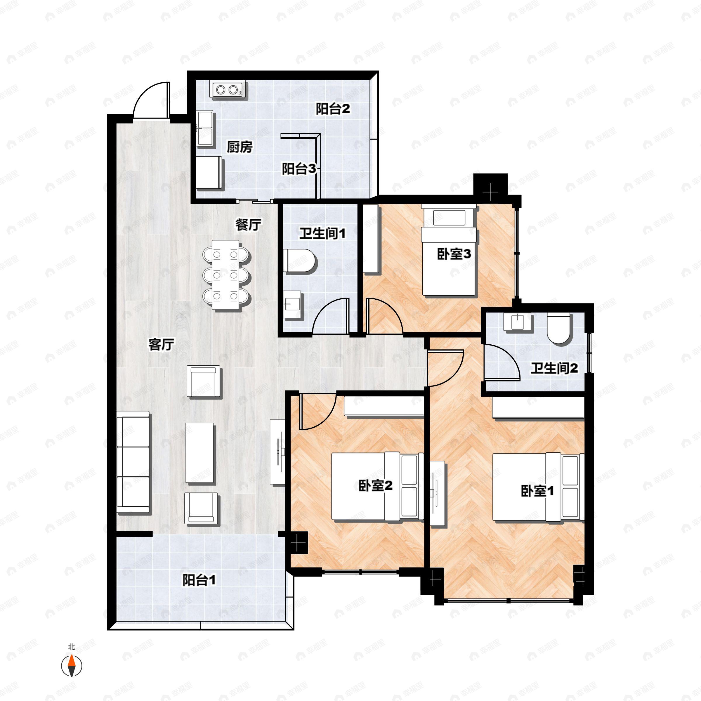 3室2厅2卫建面95平东|北户型图