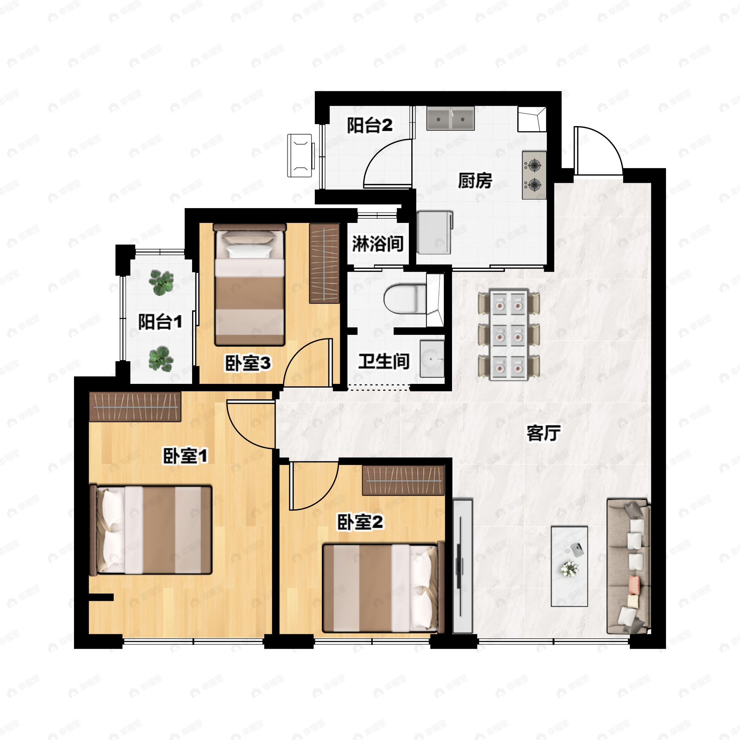 3室2厅1卫建面90平户型图