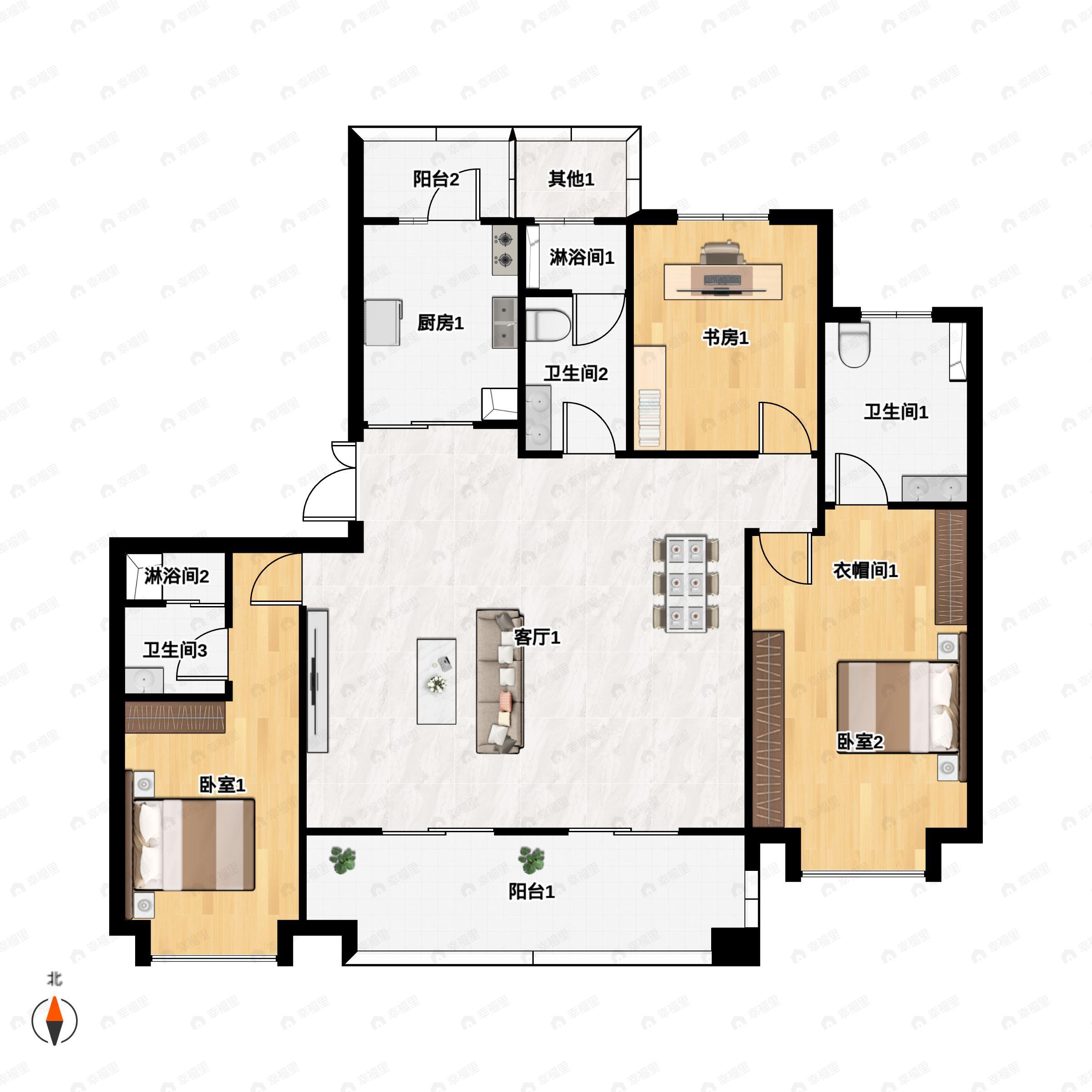 3室2厅3卫建面165平户型图