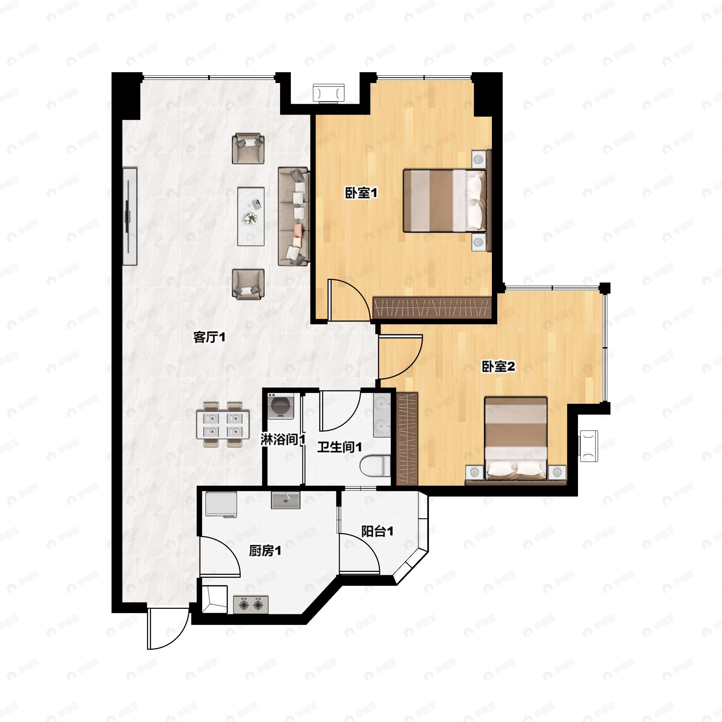 2室2厅1卫建面77m²南户型图
