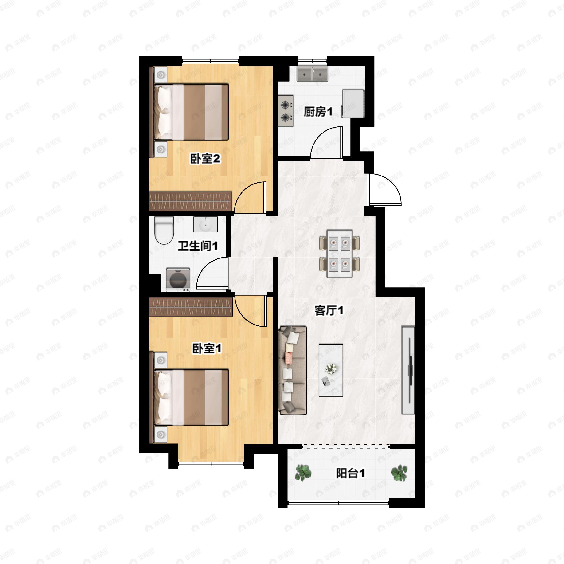 2室2厅1卫建面93m²北|南户型图