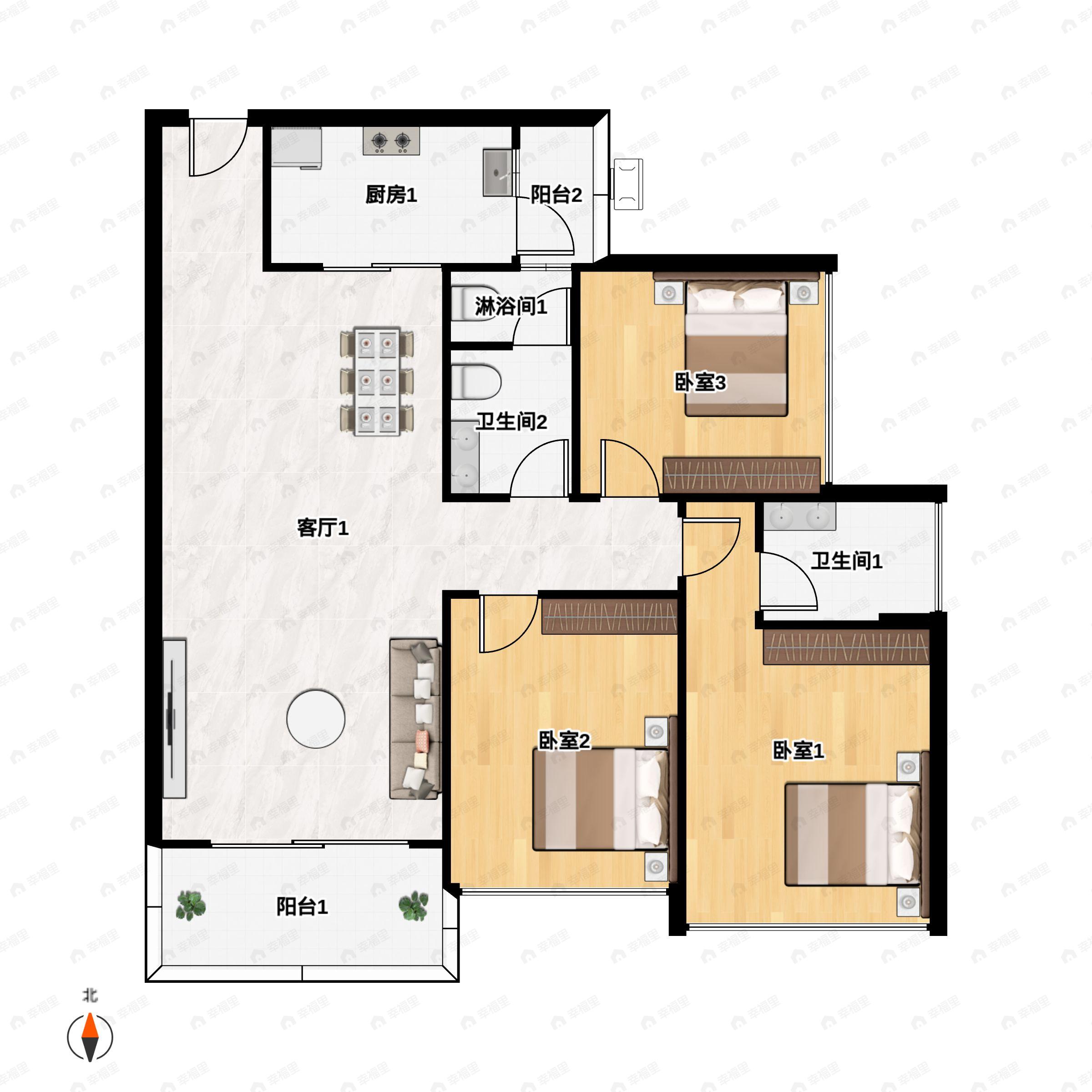3室2厅2卫建面88m²南户型图