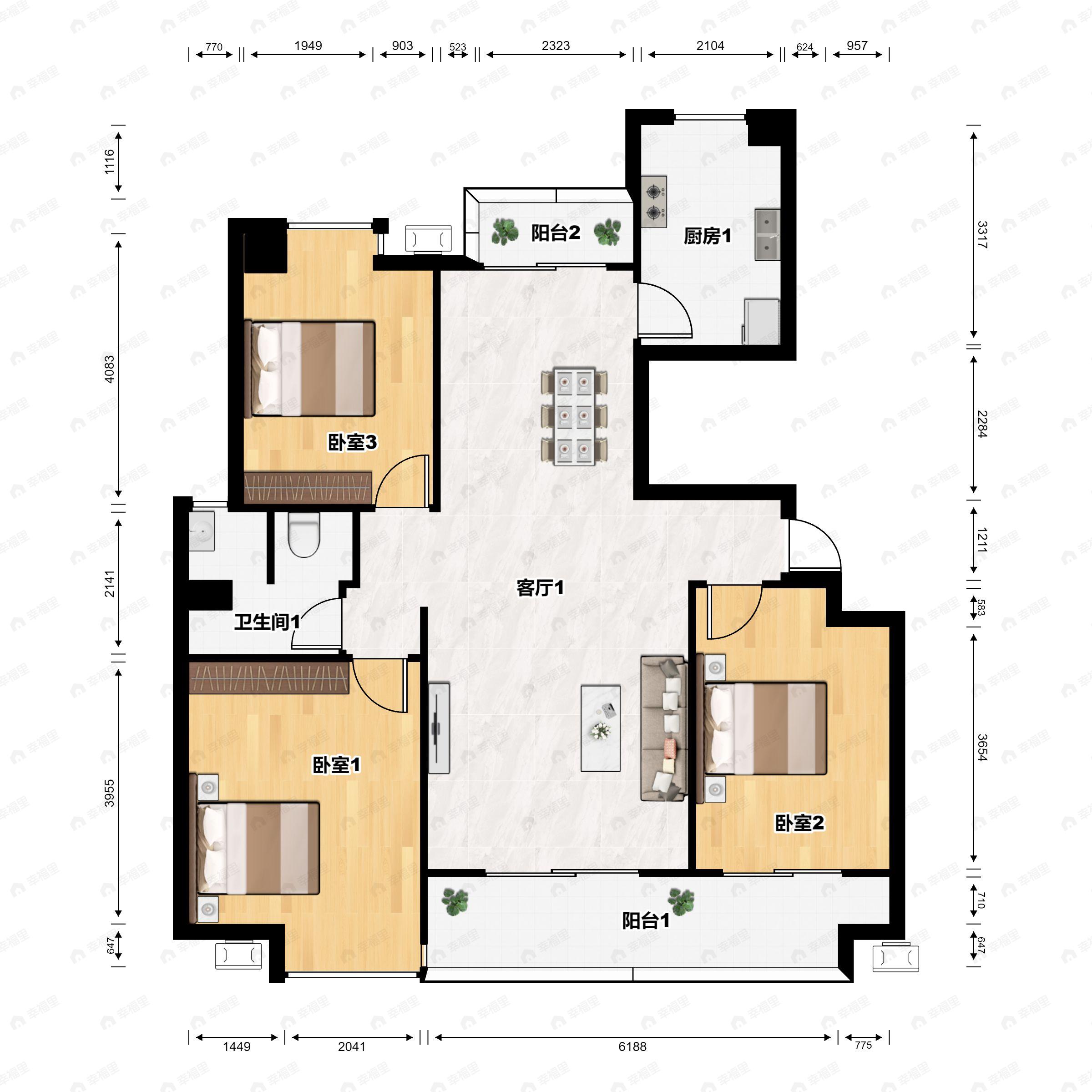 3室2厅1卫建面115m²南户型图
