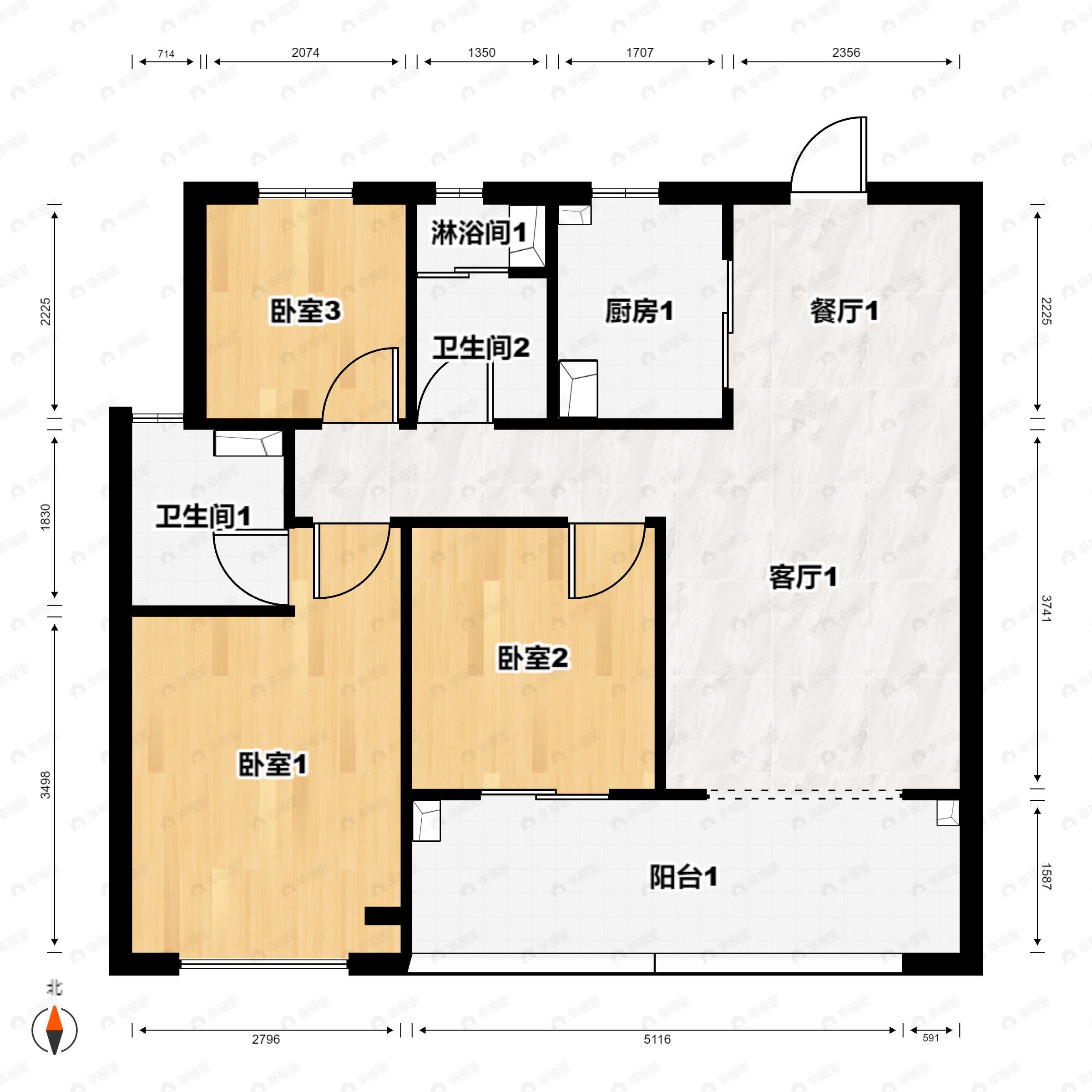 3室2厅2卫建面105平户型图