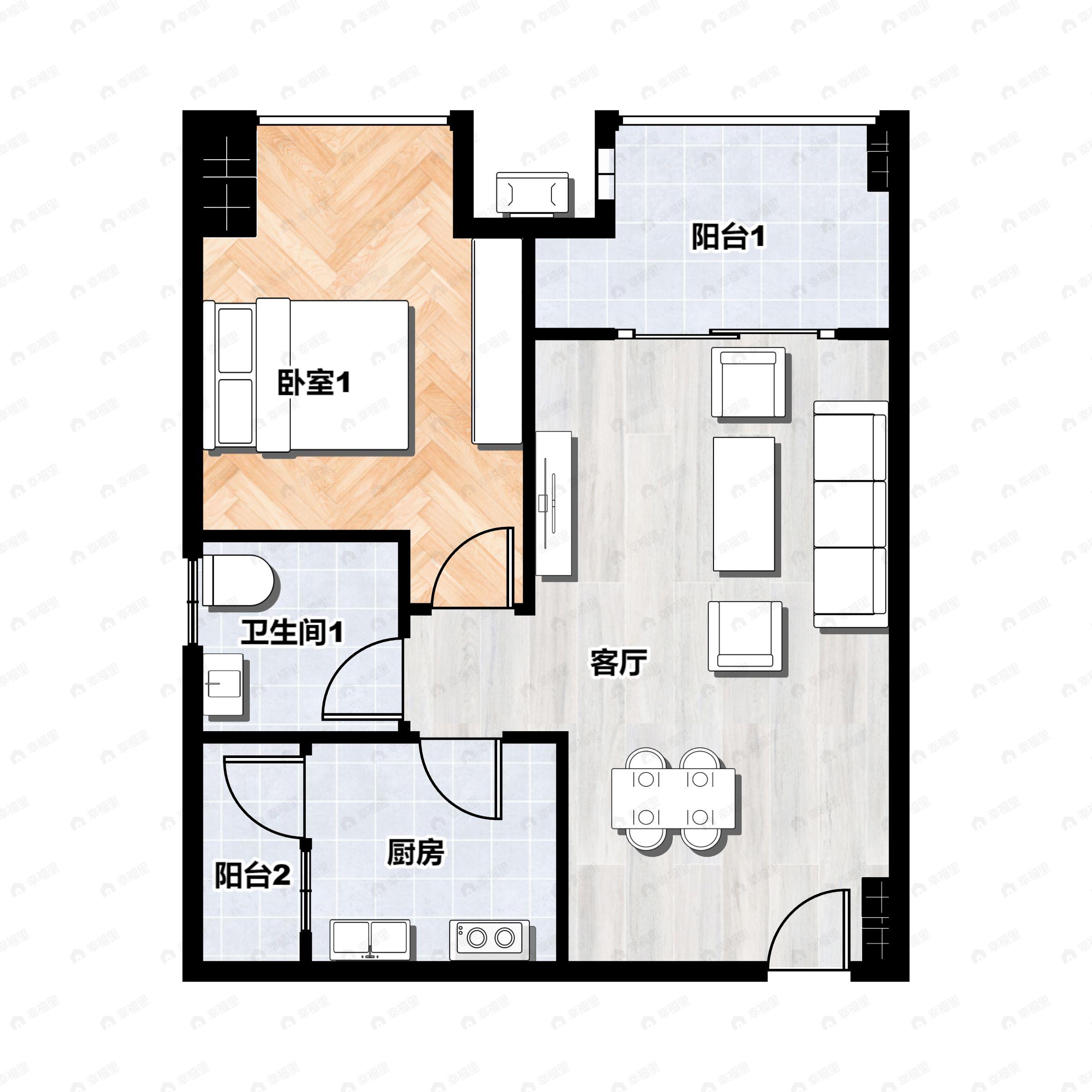 1室1厅1卫建面60m²户型图